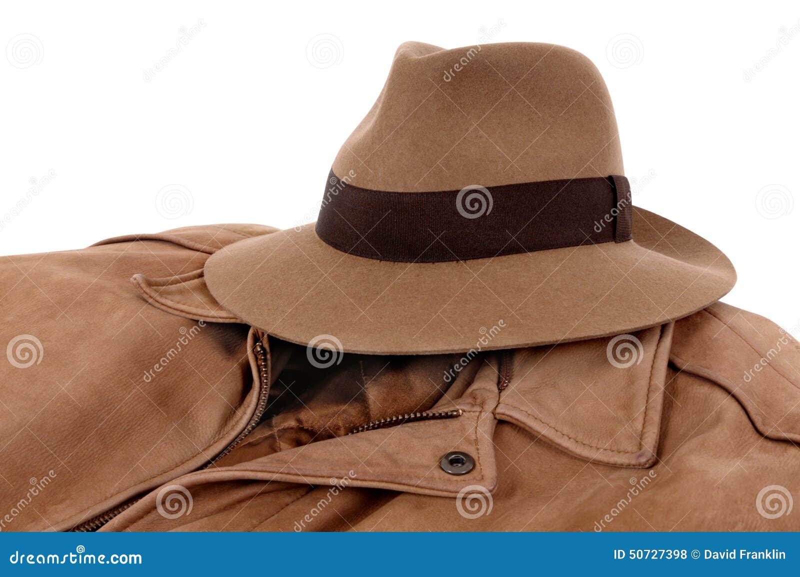 Old Fedora Hat, Leather Jacket, Isolated on White Background Stock