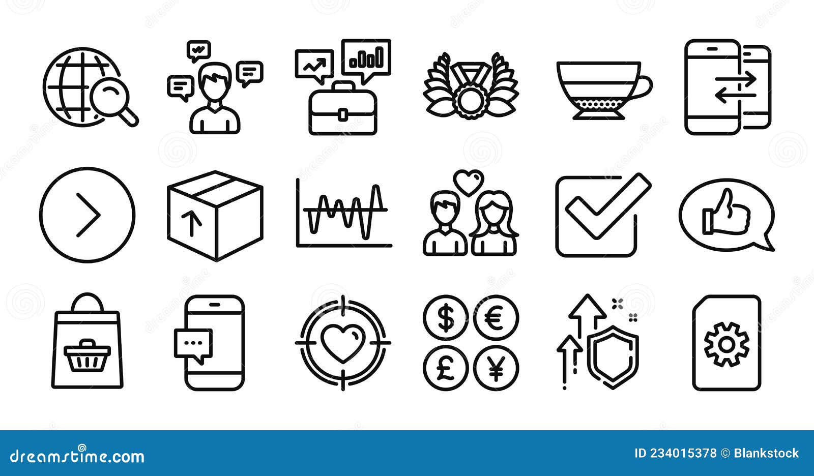 feedback, stock analysis and smartphone message line icons set. 