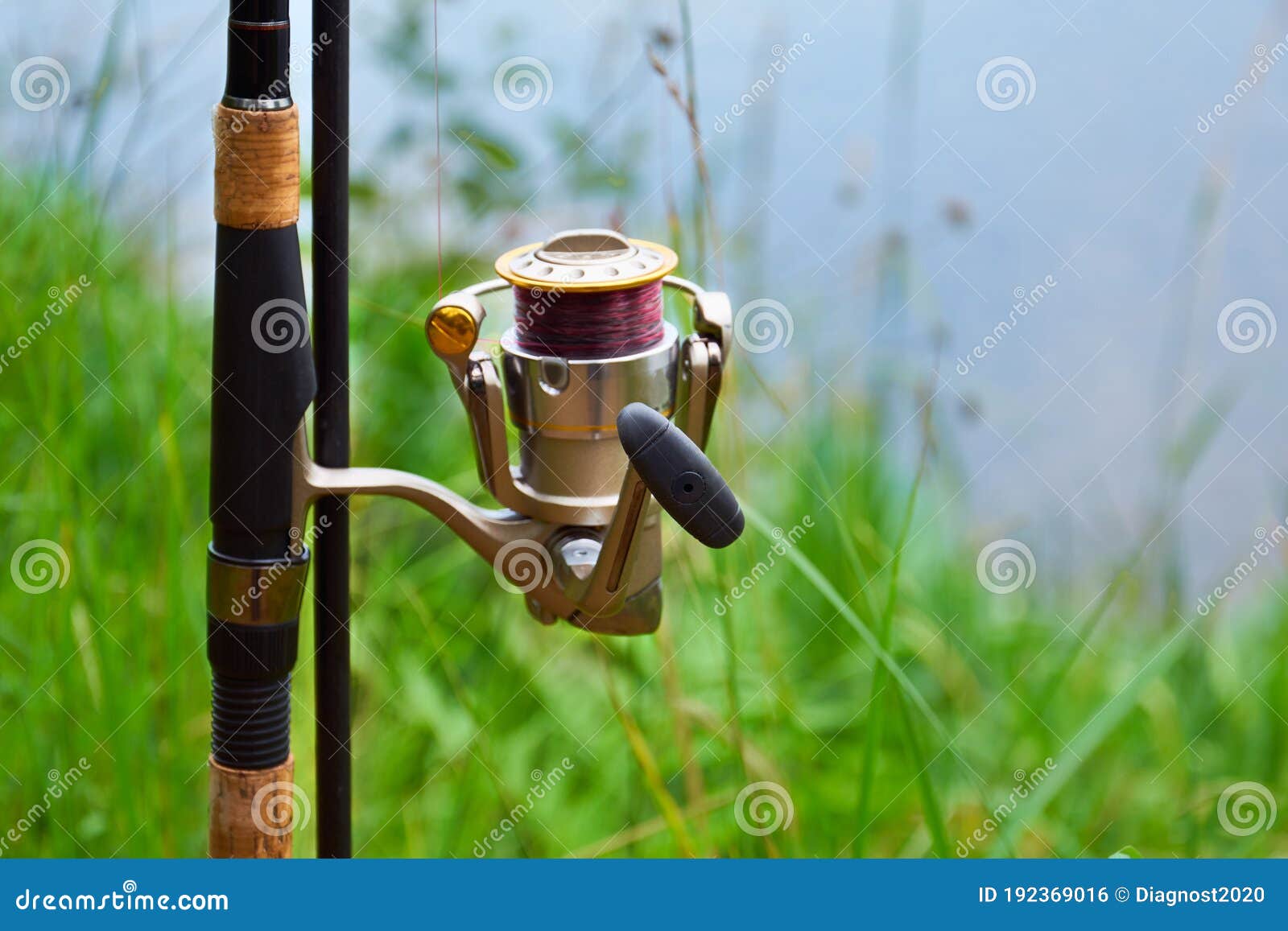 Feeder Fishing Rod with Coil on the Stand Against the Background