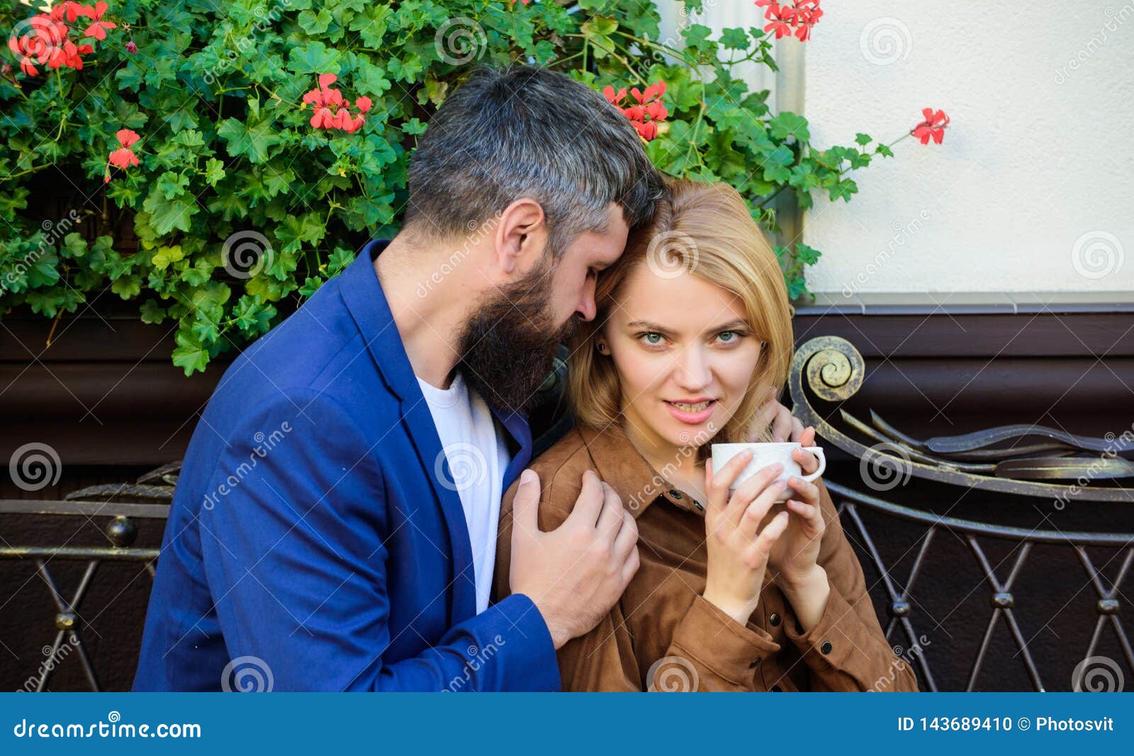 Feeling Sensual Morning Coffee Couple In Love On Romantic Date Woman And Man With Beard Relax 