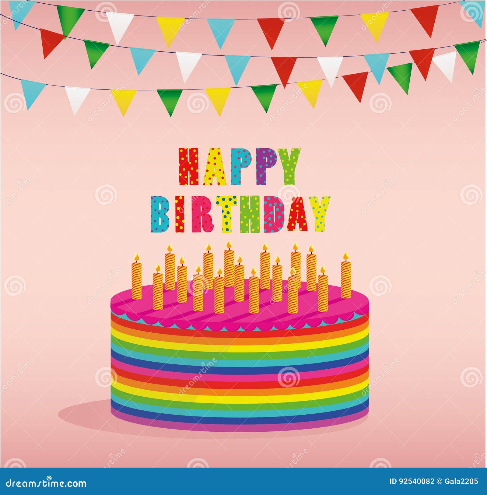 Feestelijke Kleurrijke Regenboog En Een Grote Cake Met Kaarsen Gelukkige Verjaardag Vector Illustratie - of baksel, kleur: 92540082