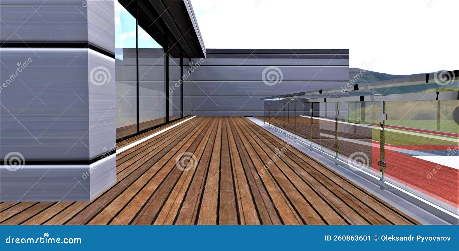 feet-friendly ecologicaly clean terrace board as a flooring of the stunning balcony of the contemporary private cottage. 3d