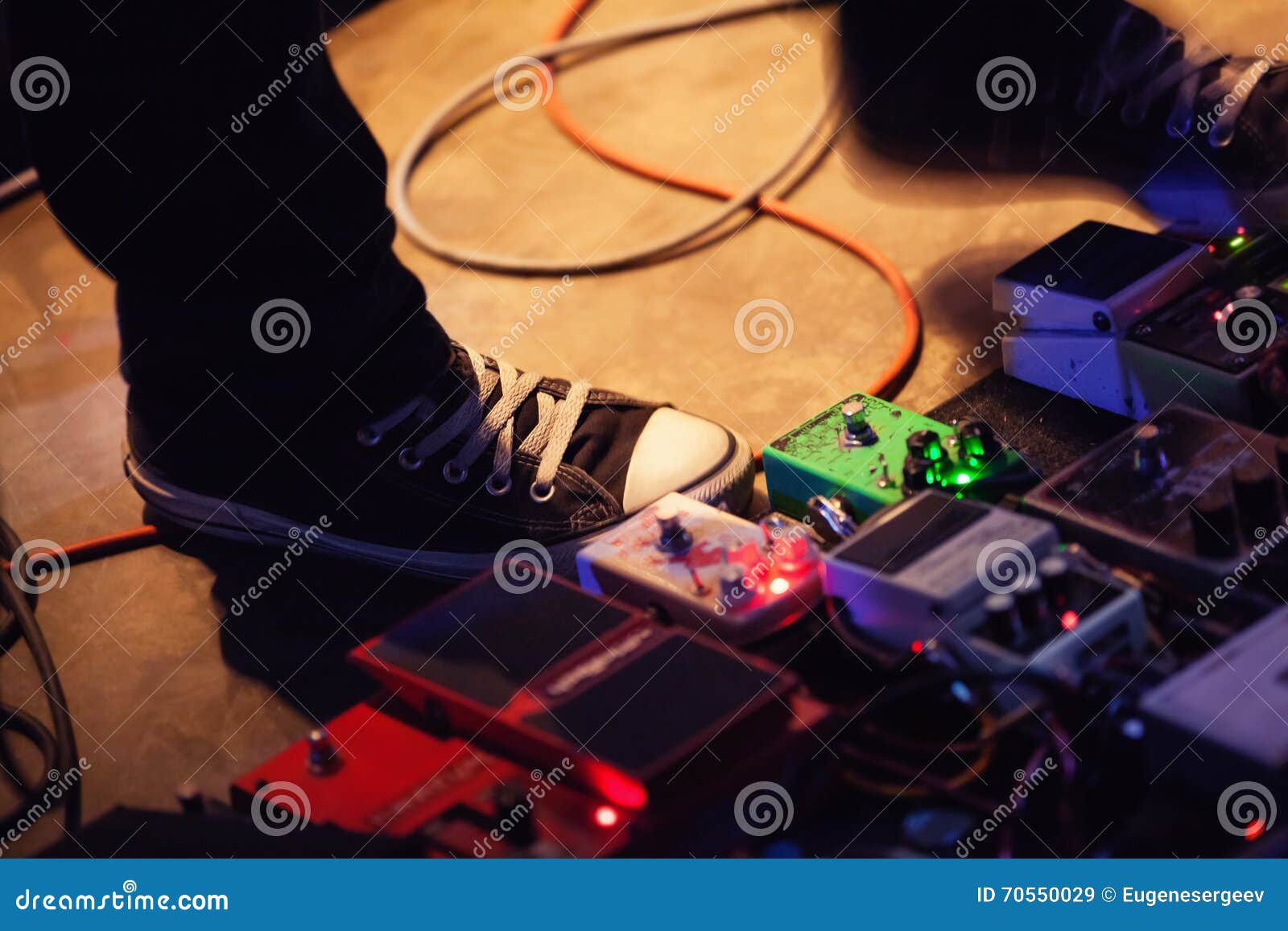 Feet of Guitar Player with Set of Effect Pedals Stock Image Image of