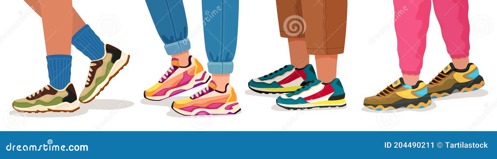 feet in sneakers. female and male walking legs in sport shoes with socks, pants and jeans. trendy fashion fitness