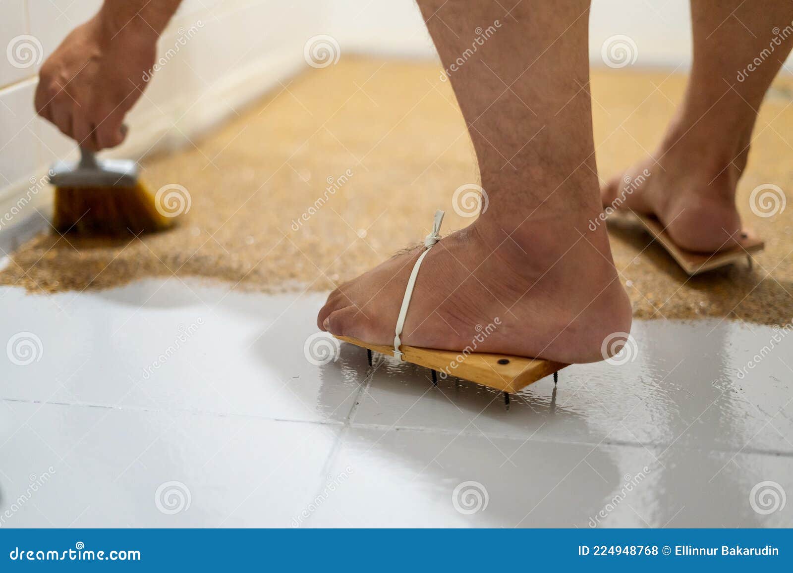 Feet Wearing Painters' Wooden Shoes Nails Self Leveling Epoxy