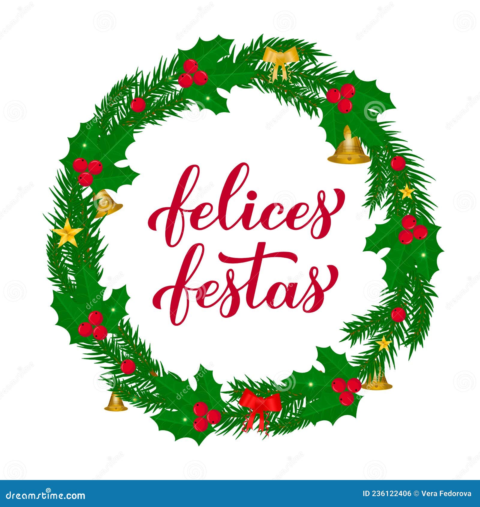 felices fiestas calligraphy hand lettering with wreath of fir tree branches. happy holidays in spanish. christmas and