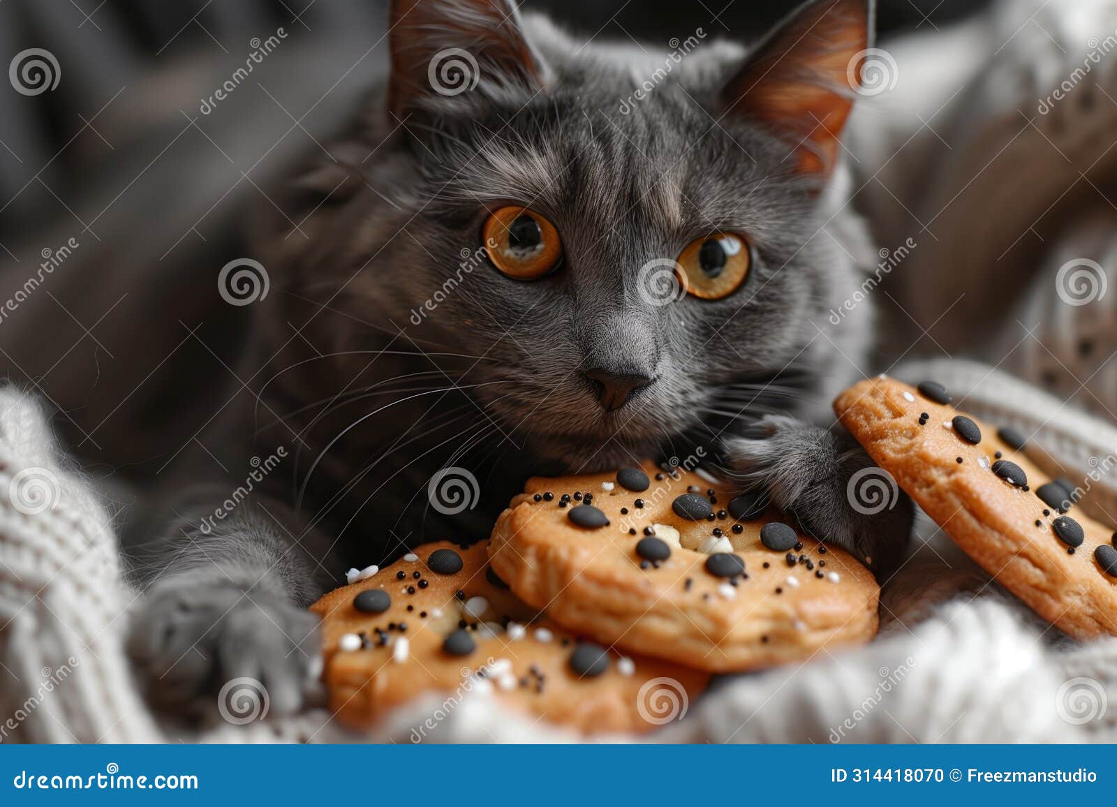 felidae carnivore cat eats food in a basket with cookies as staple ingredient