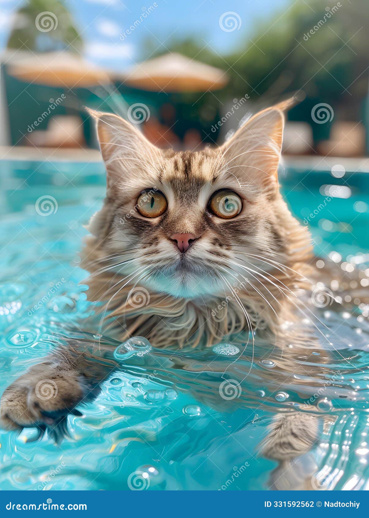 felidae organism swimming in water, small to mediumsized cat looking at camera