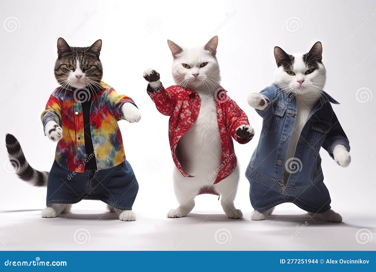 feline fashionistas: cats dancing gangnam style in human clothes on white background. perfect for invitations and posters.