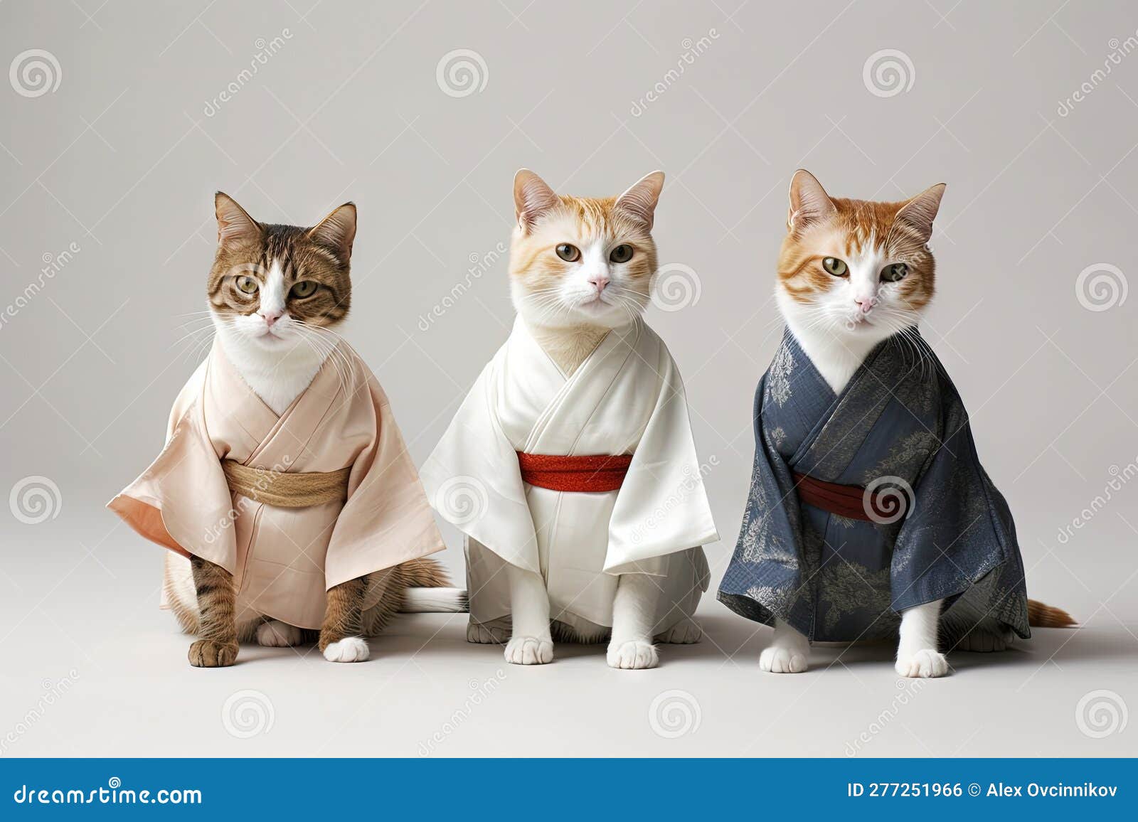 feline fashionistas: three cats in karate outfits strike a pose on white background.