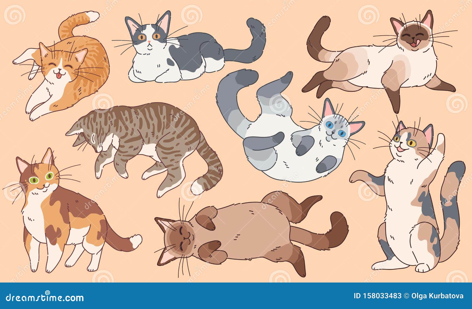 Conjunto de gatos uma coleção de gatinhos dos desenhos animados de cores  diferentes. animais brincalhões.