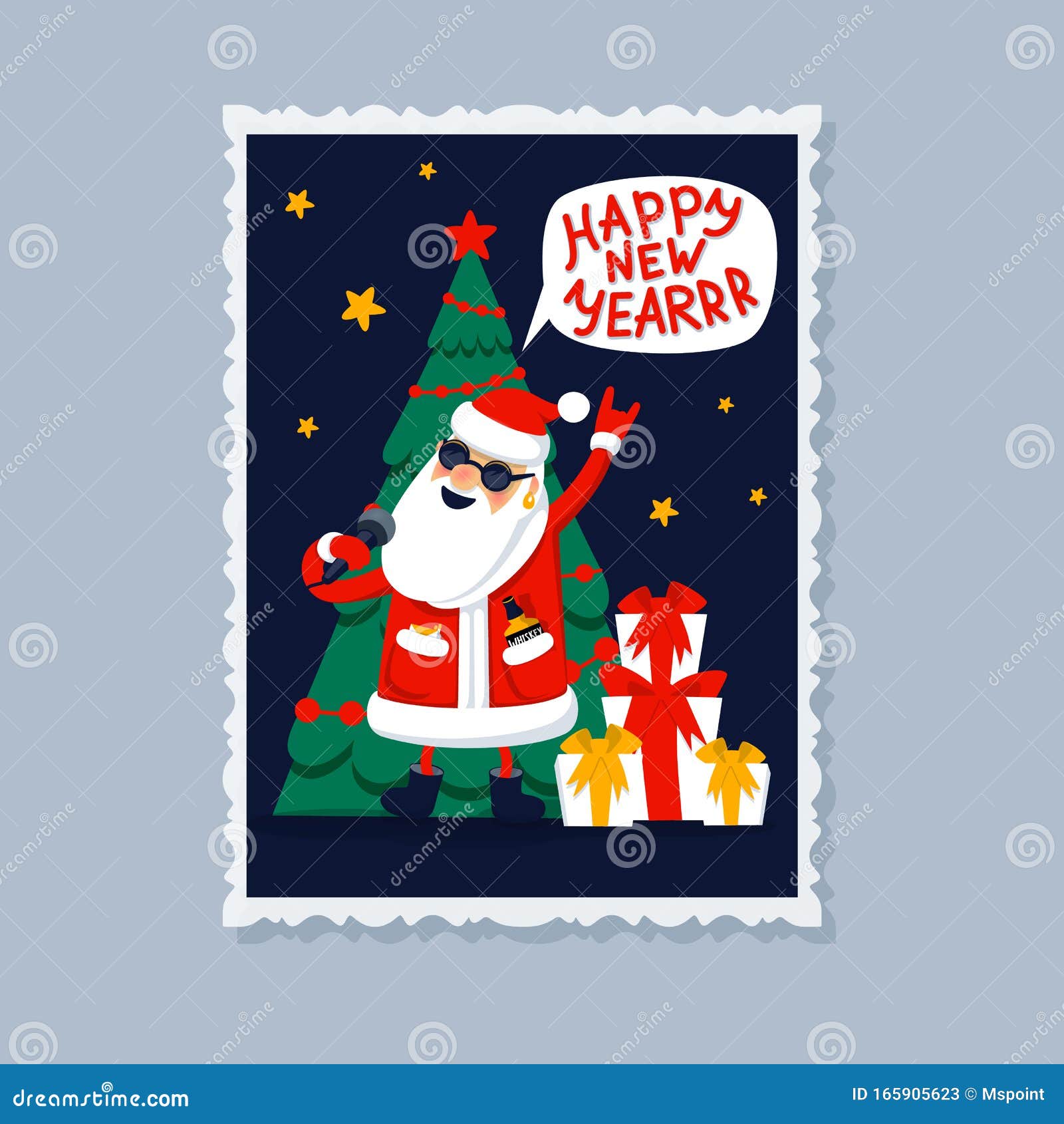 Feliz Año Nuevo, Tarjeta De Felicitación Cantando Santa Claus - Estrella De  Rock Con Regalos, árbol De Navidad Y Feliz Inscripció Ilustración del  Vector - Ilustración de rojo, historieta: 165905623