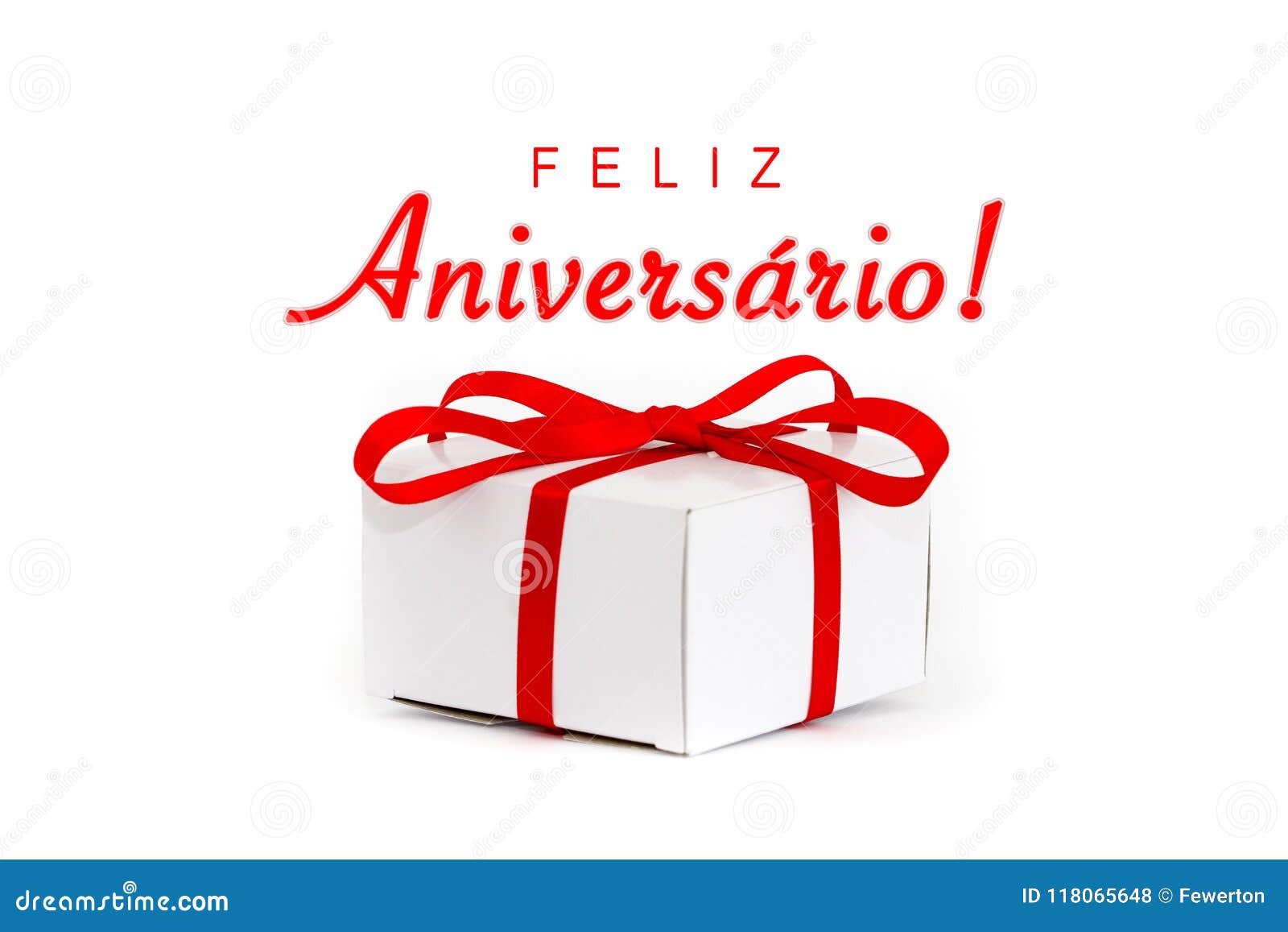 feliz aniversario! in portuguese language: happy birthday! text message and white cardboard gift box with decorative red ribbon
