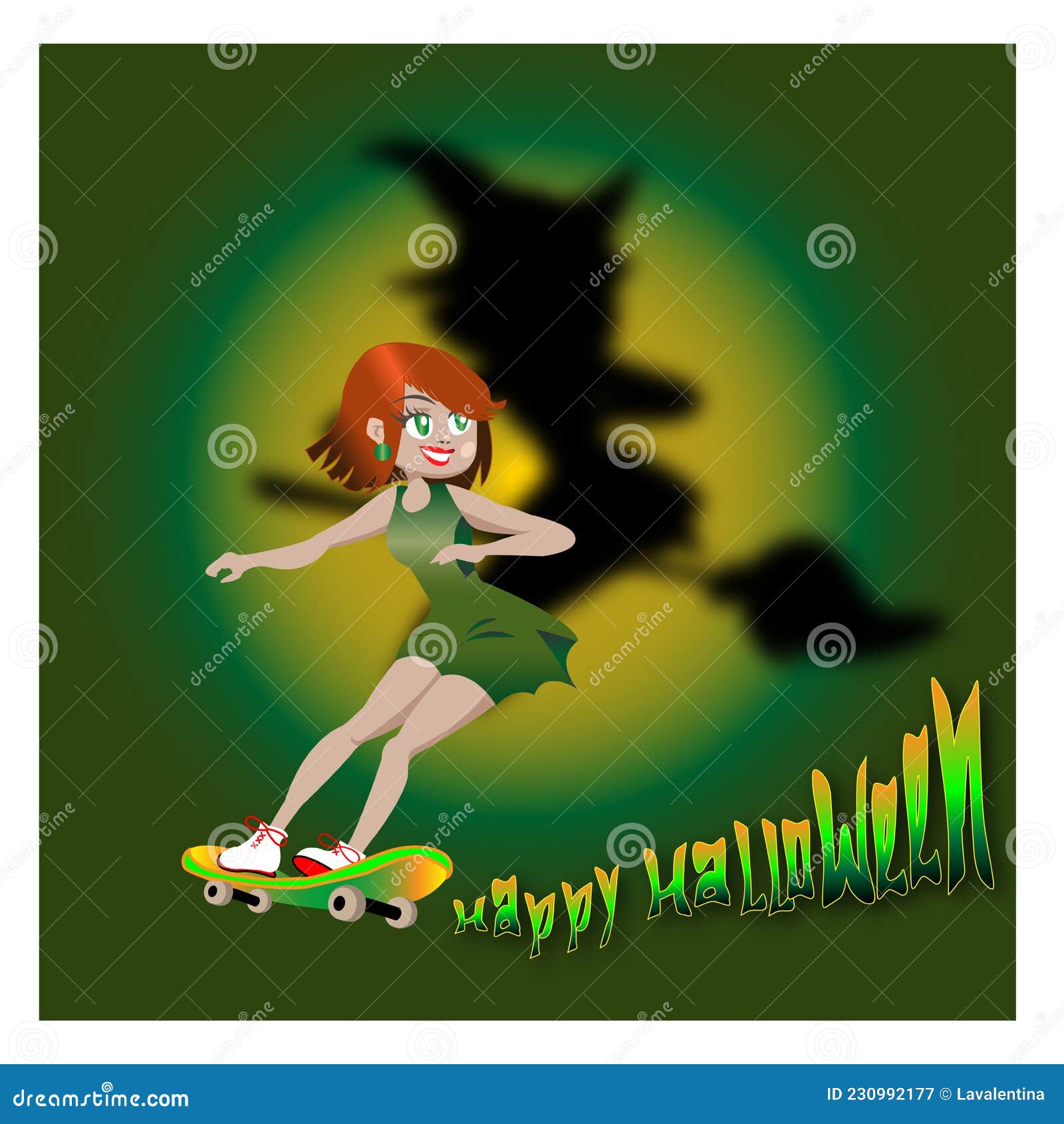 Feliz Bruja Alegre De Halloween Con Un Vestido Verde Ilustración del Vector  - Ilustración de muchacha, feliz: 230992177
