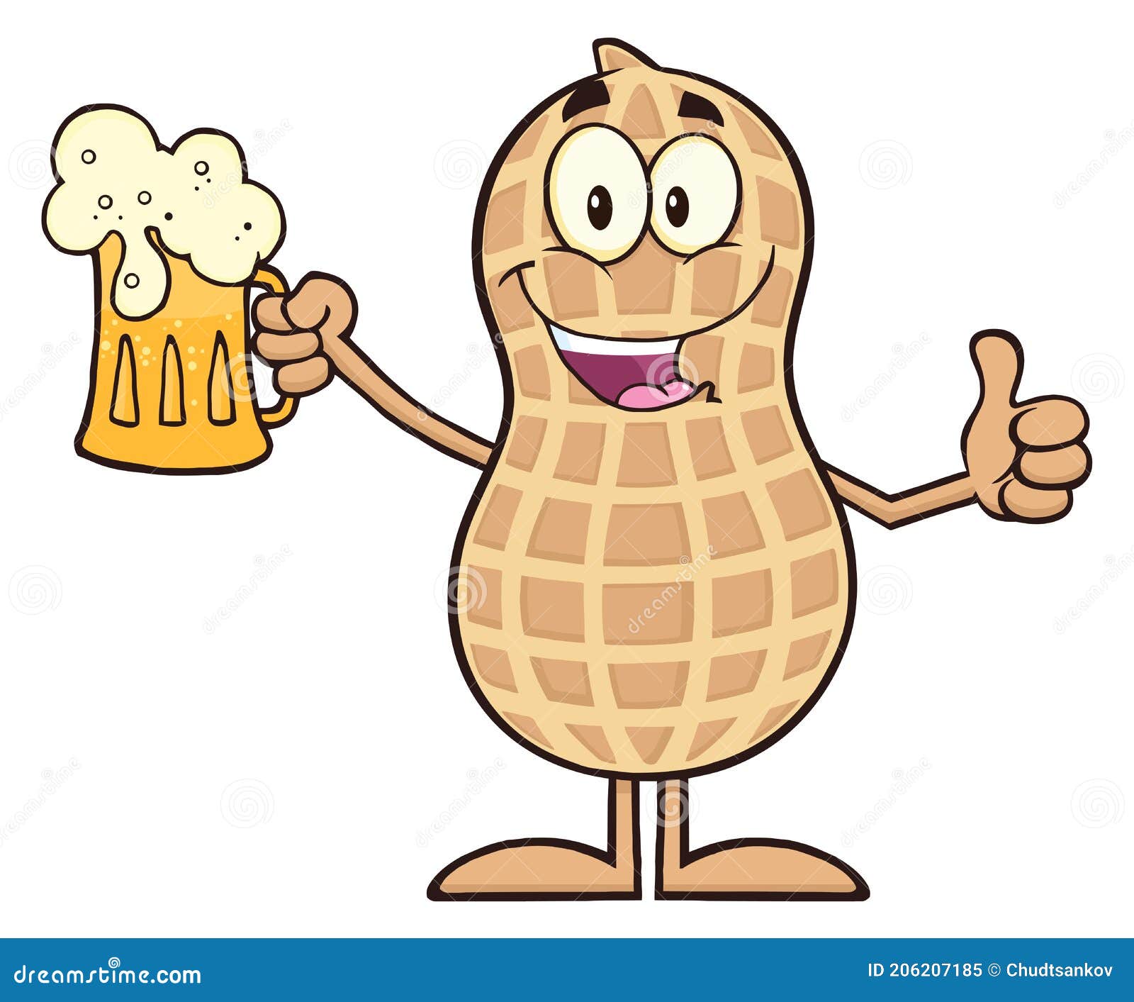 Feliz Cacahuete Personaje De Dibujos Animados Sosteniendo Una Cerveza Y El  Pulgar Hacia Arriba Stock de ilustración - Ilustración de bocado,  divertido: 206207185
