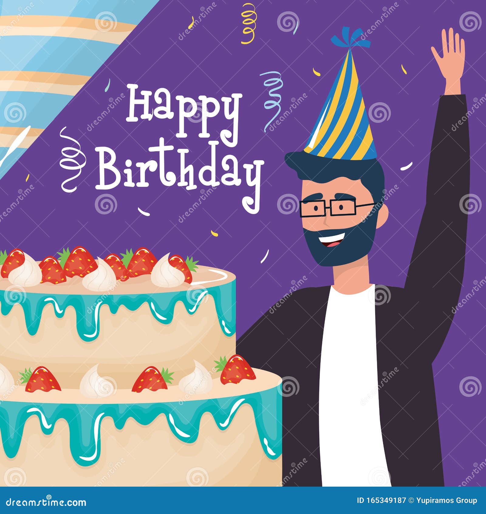 Feliz Cumpleaños, Hombre Usando Gafas Con La Fiesta Del Pastel Y La  Decoración Del Evento De Celebración Ilustración del Vector - Ilustración  de gente, muchacha: 165349187