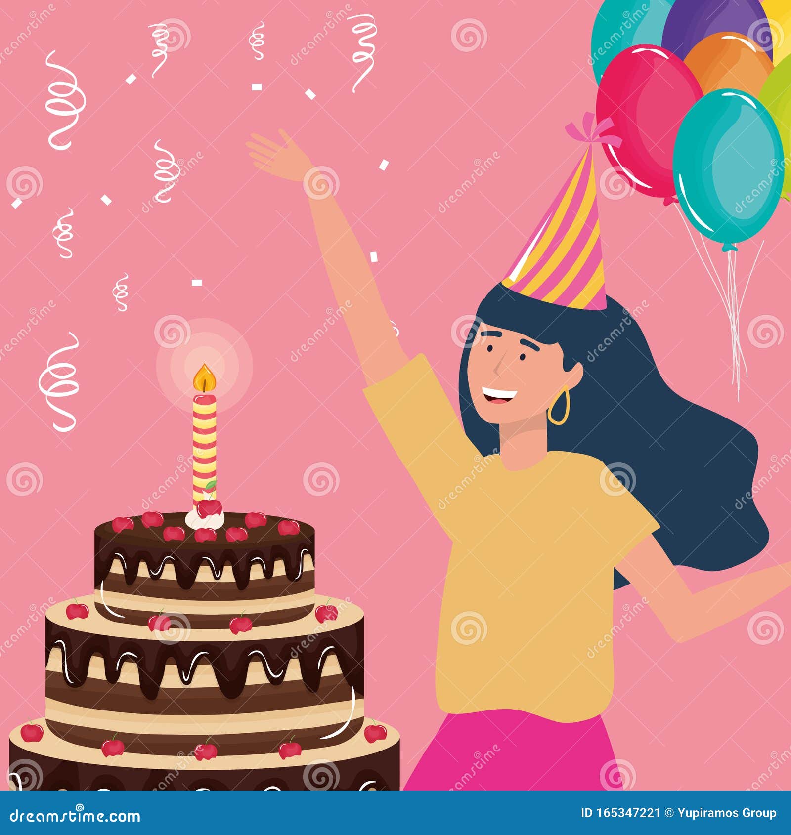 Feliz Cumpleaños, Mujer Con Torta De Chocolate Y Celebración De Globos,  Decoración De Eventos Ilustración del Vector - Ilustración de cara,  elasticidad: 165347221