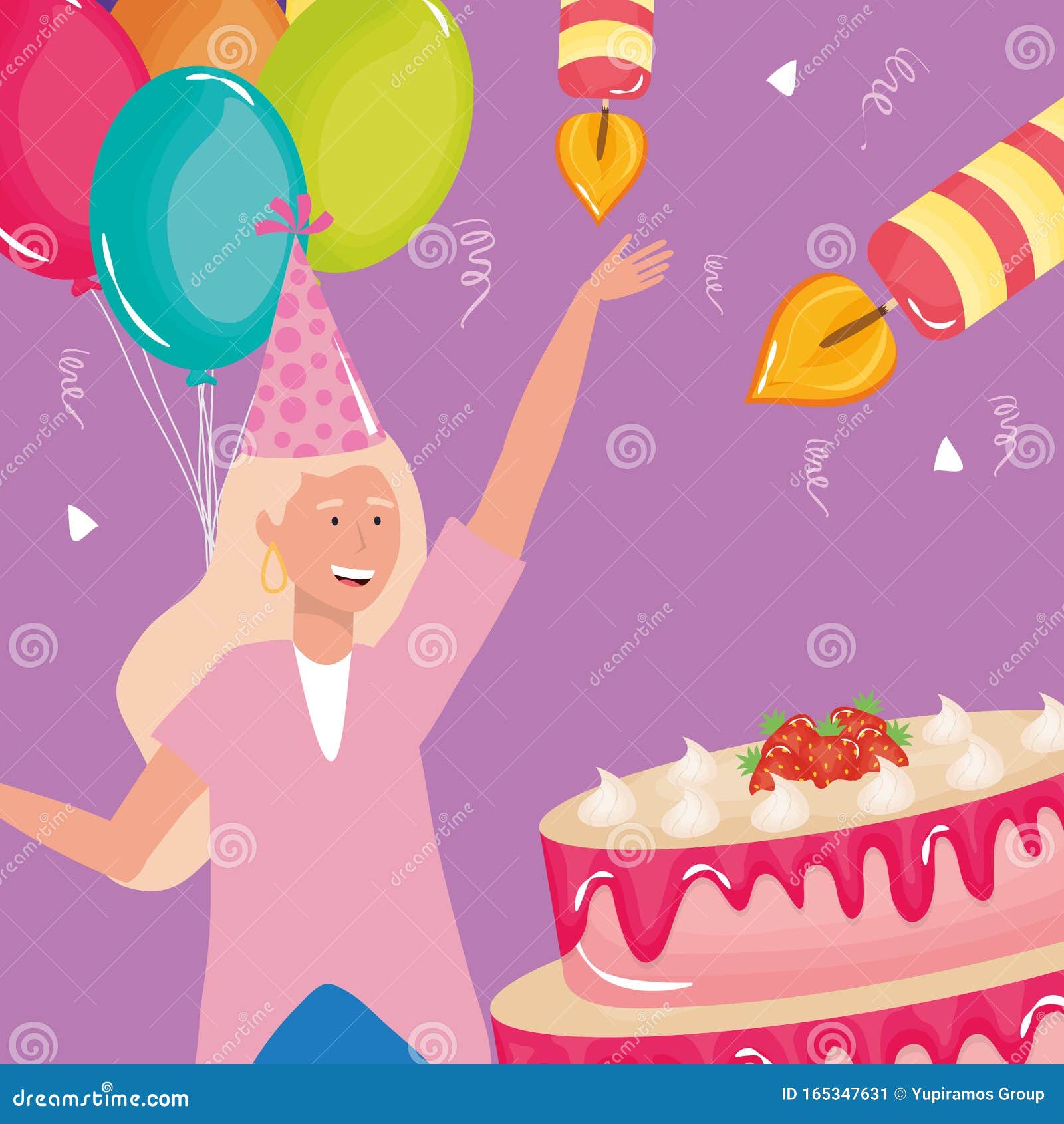 Feliz Cumpleaños, Mujer Con Torta De Fresas Crema Globos Celebración  Decoración De Evento Ilustración del Vector - Ilustración de partido,  adulto: 165347631