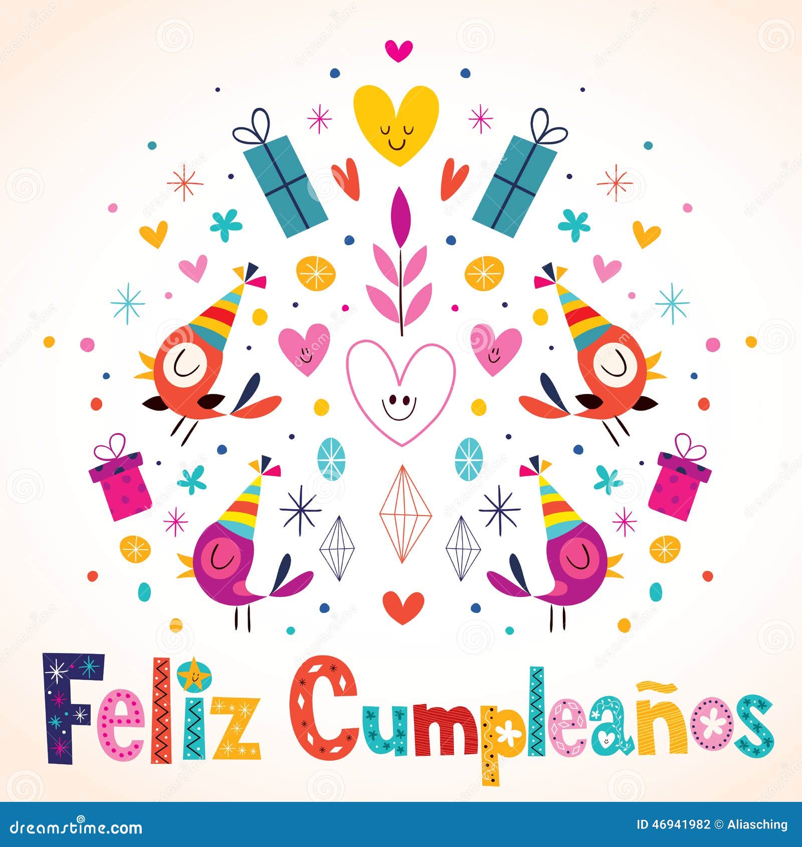 Feliz Cumpleanos - Happy Birthday in Spanish Card Stock Vector -  Illustration of bird, letters: 46941982