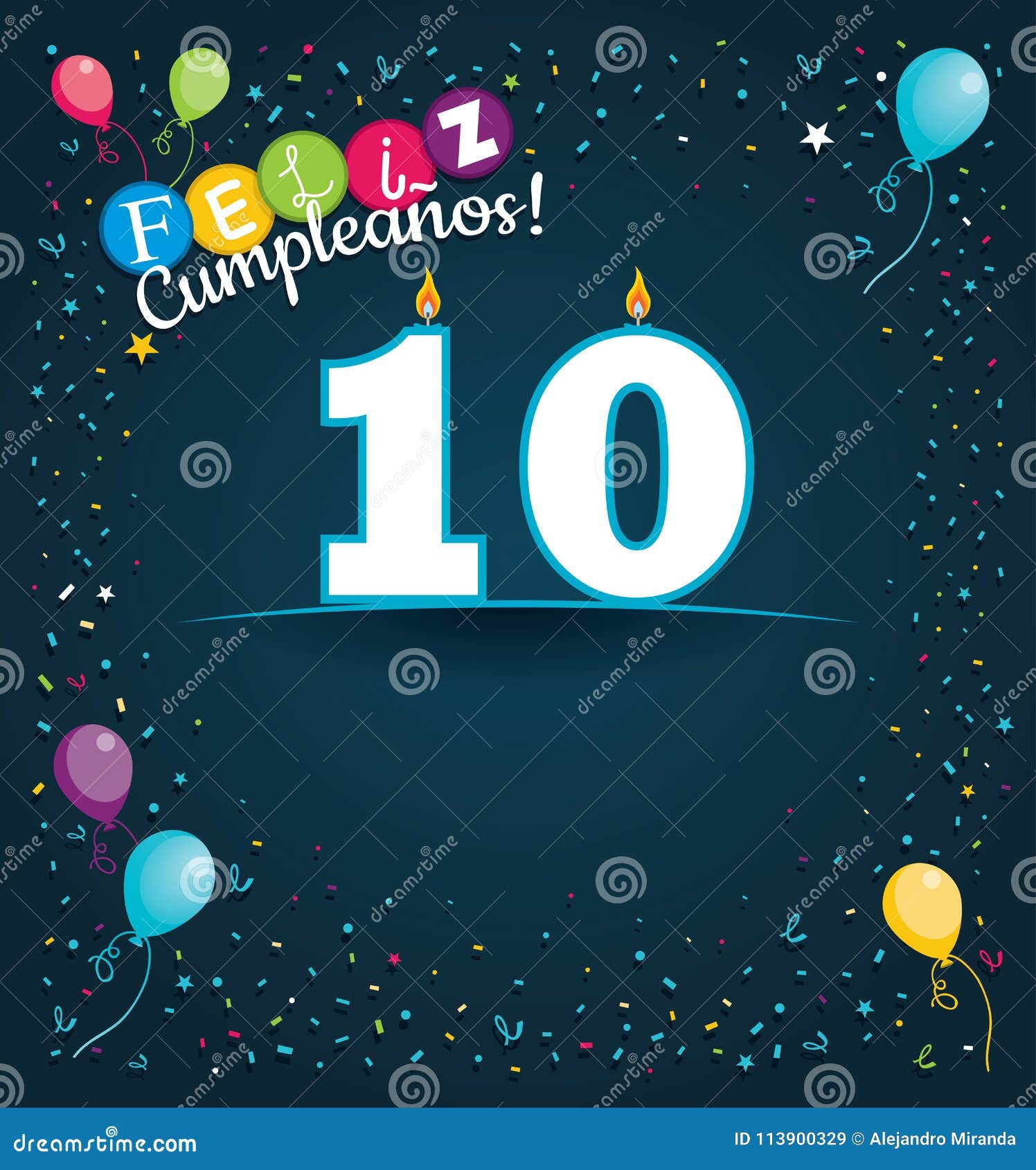 feliz cumpleanos 10 - happy birthday 10 in spanish language - greeting card with white candles
