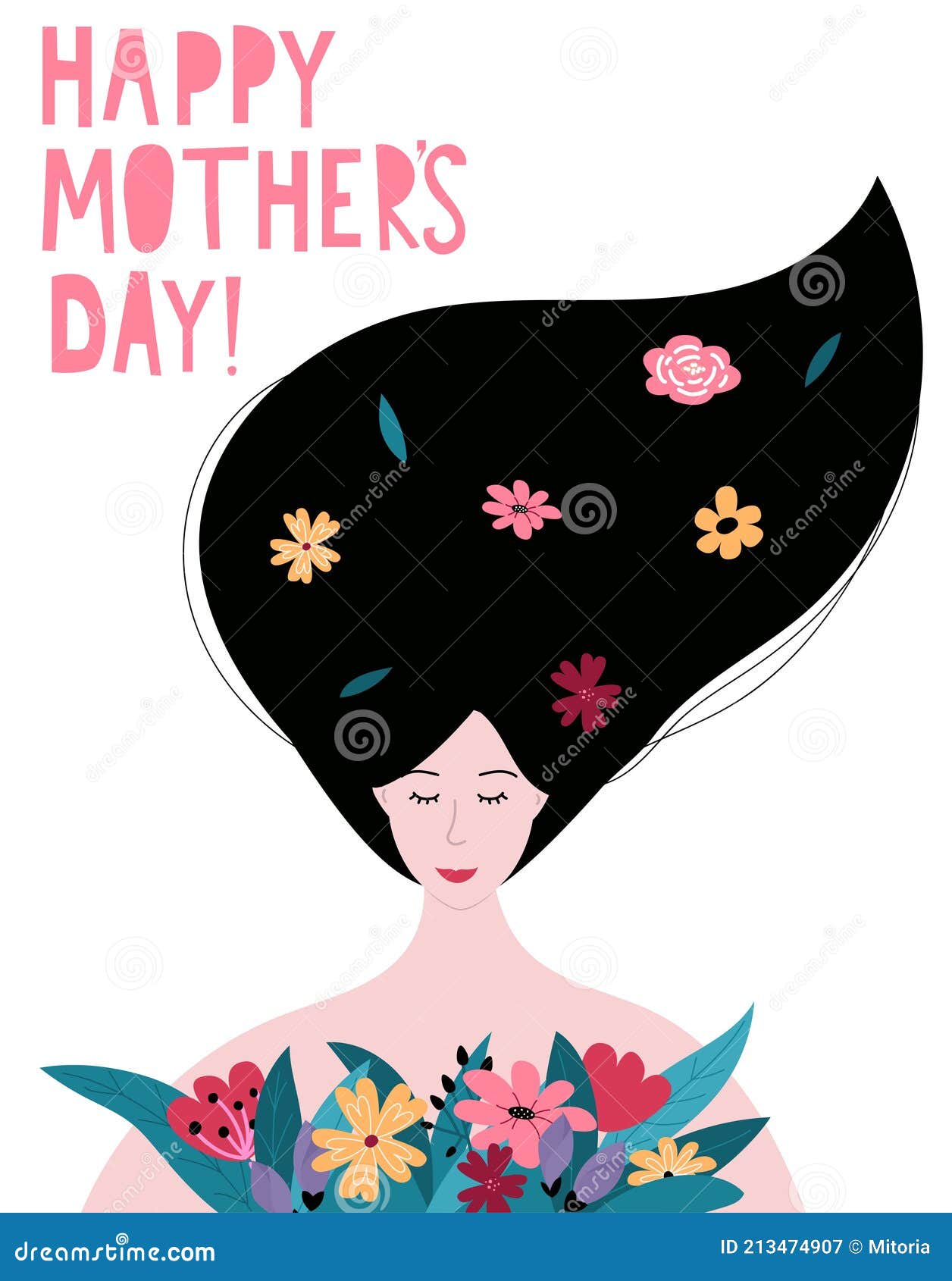 Feliz Día De Las Madres Linda Tarjeta Póster Portada O Plantilla De  Pancarta Con Letras. Joven Hermosa Mamá Sosteniendo Un Ramo De Ilustración  del Vector - Ilustración de hembra, amor: 213474907