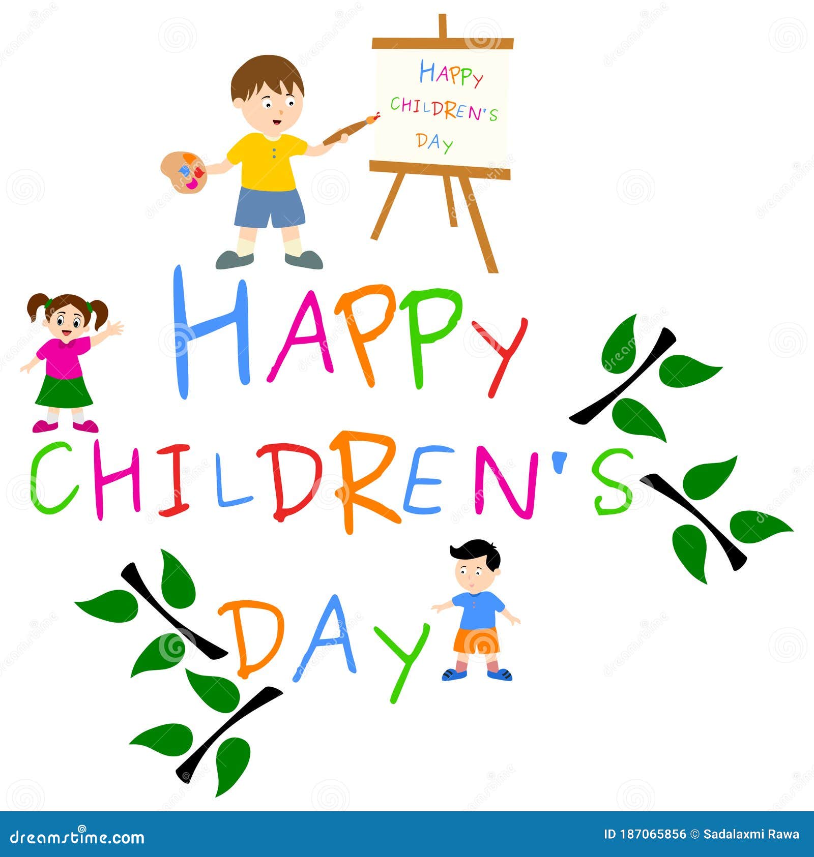 Feliz Día De Los Niños. Imagen De Dibujos Animados Foto de archivo -  Ilustración de historieta, verde: 187065856