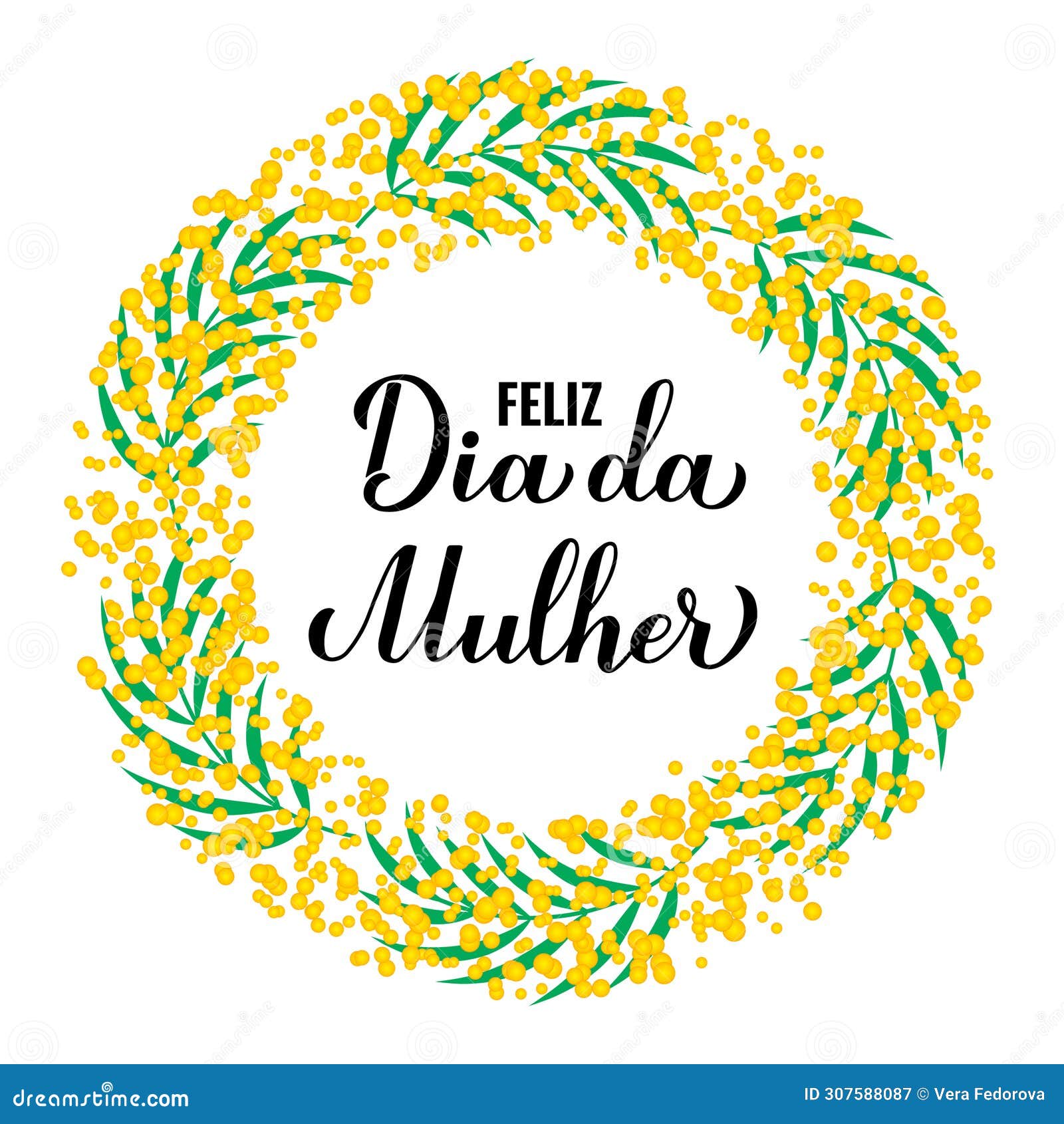 feliz dia da mulher - happy womens day in portuguese. calligraphy hand lettering with floral mimosa wreath