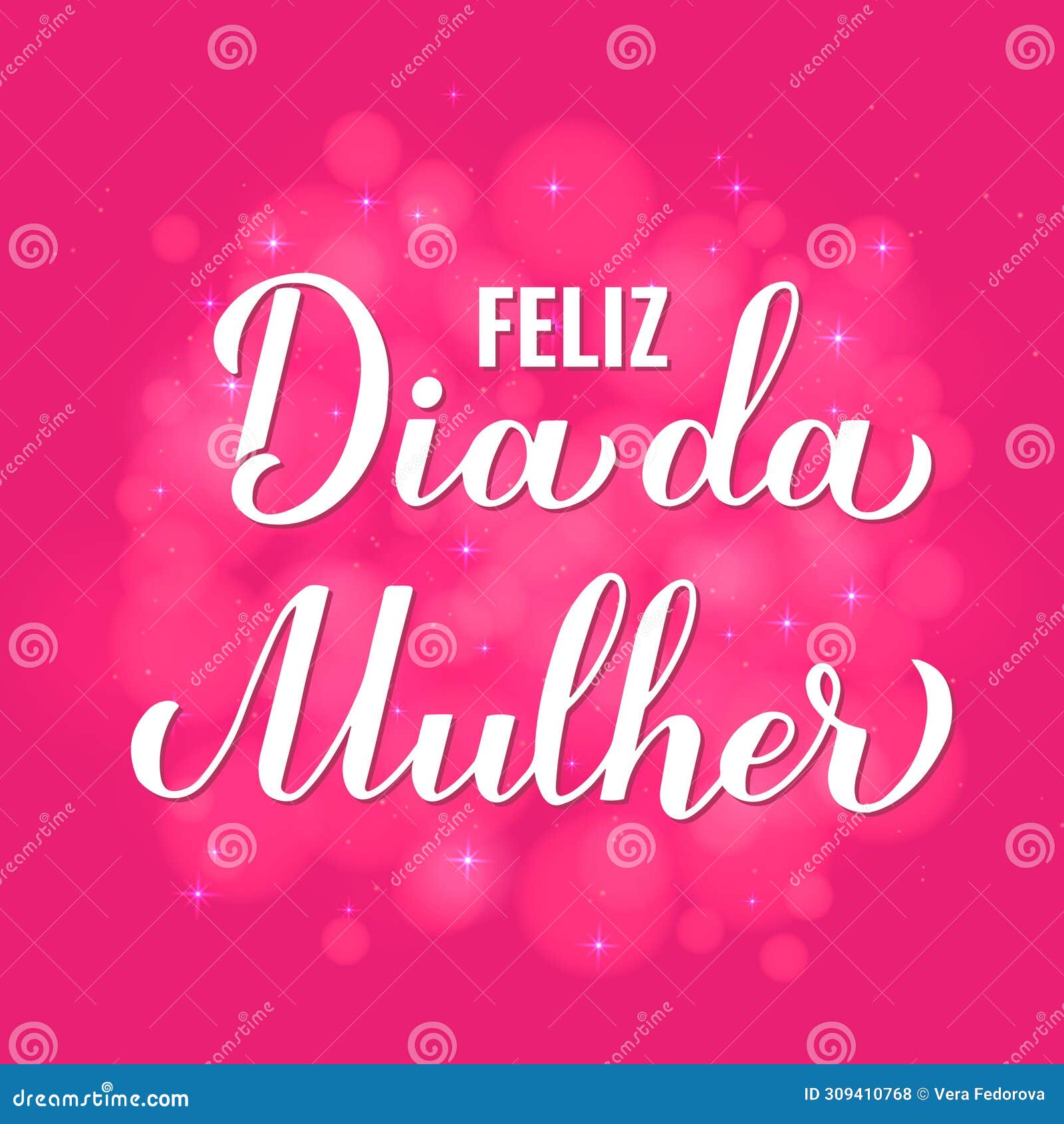 feliz dia da mulher - happy womens day in portuguese. calligraphy lettering on hot pink background with bokeh