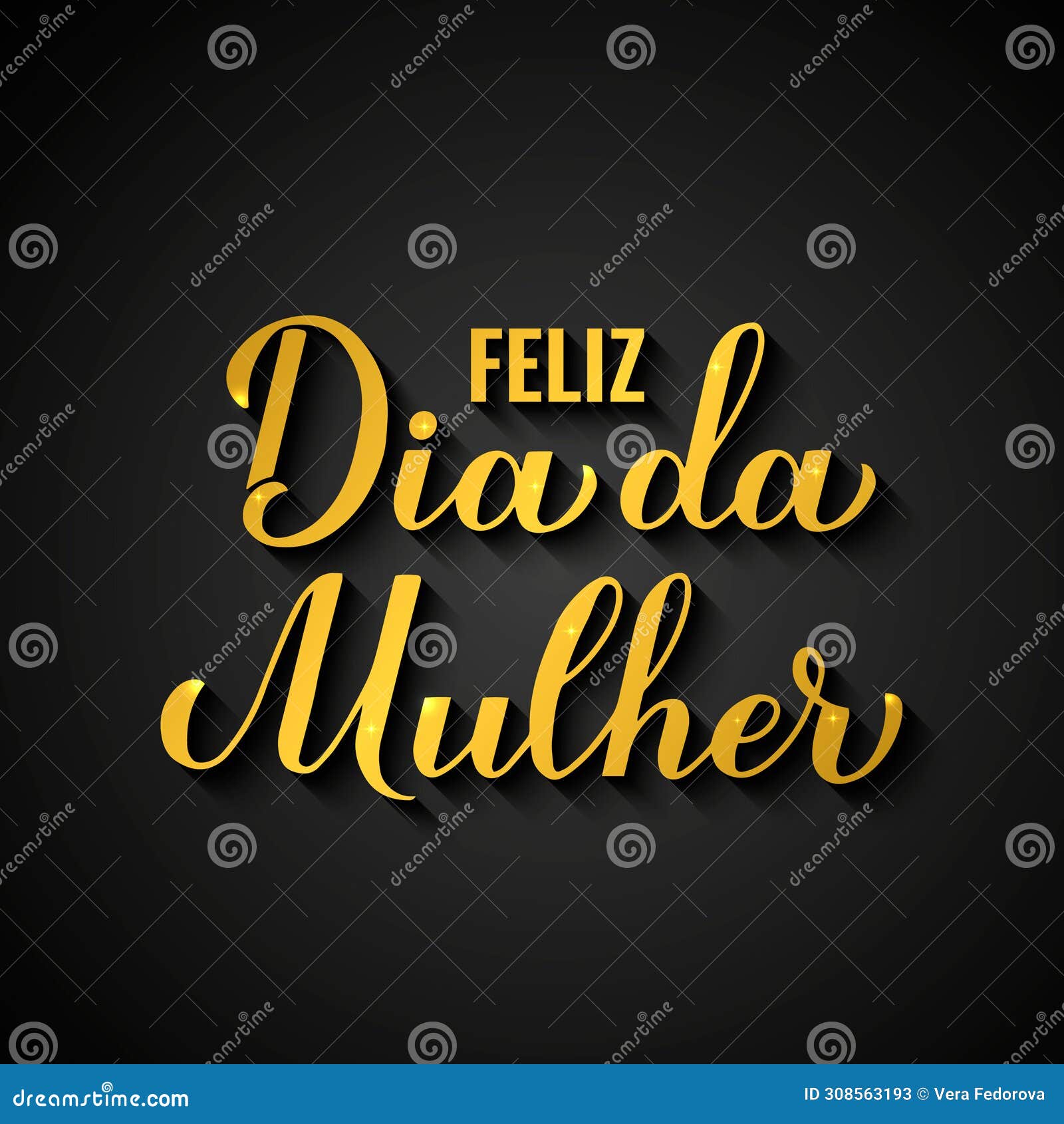 feliz dia da mulher - happy womens day in portuguese. gold inscription on black background. international womans day