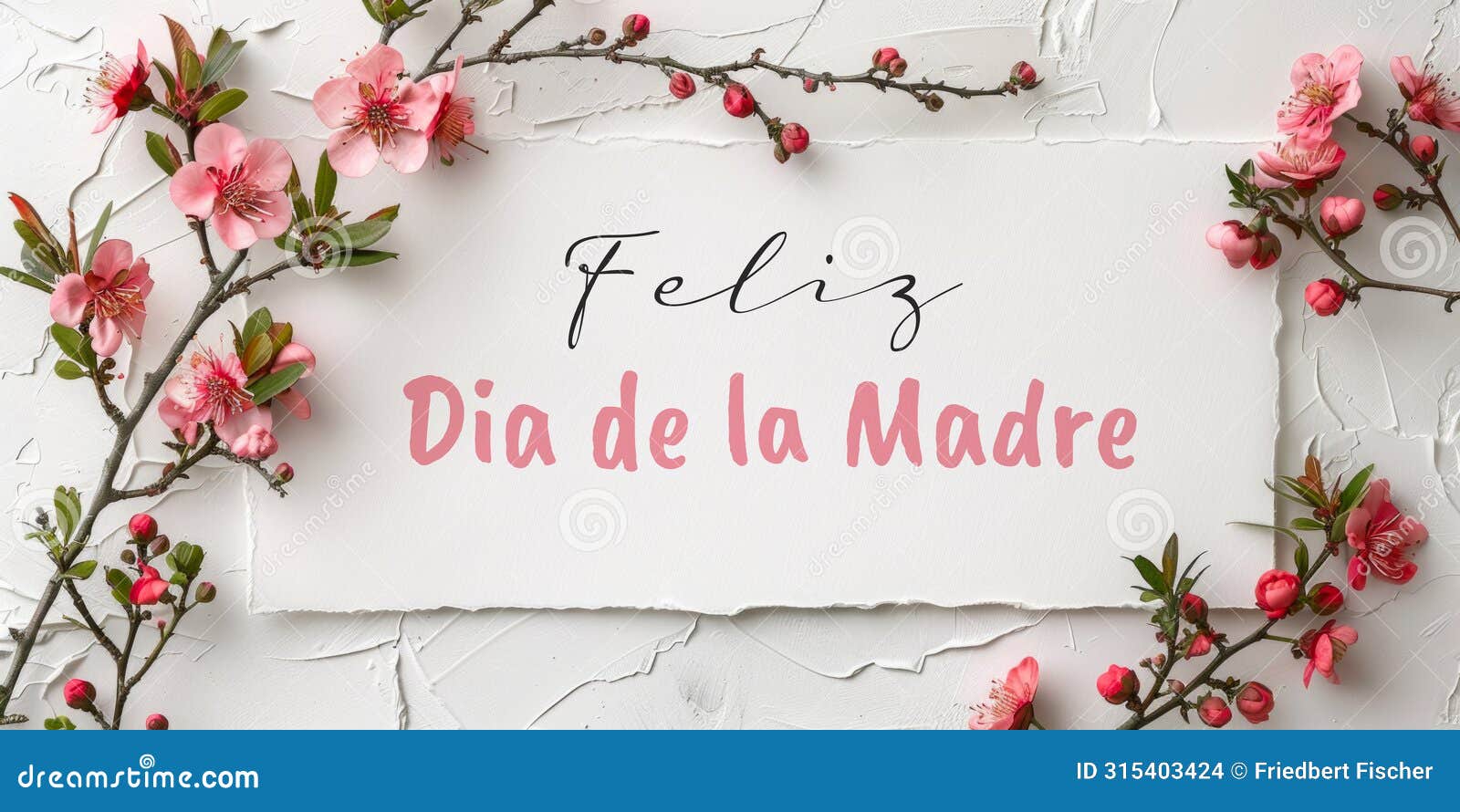 feliz dia de la madre, or happy mother's day in spanish, greeting with pink blossoms on white