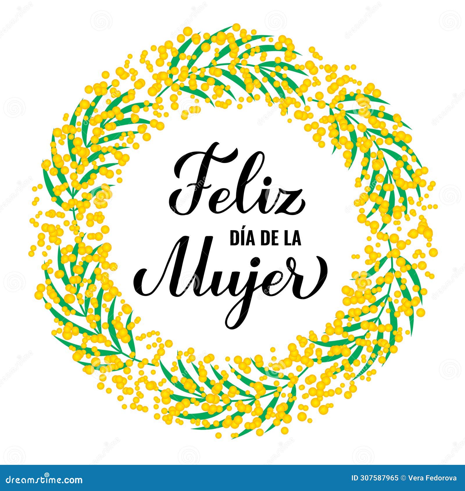 feliz dia de la mujer - happy womens day in spanish. calligraphy lettering with floral mimosa wreath. international