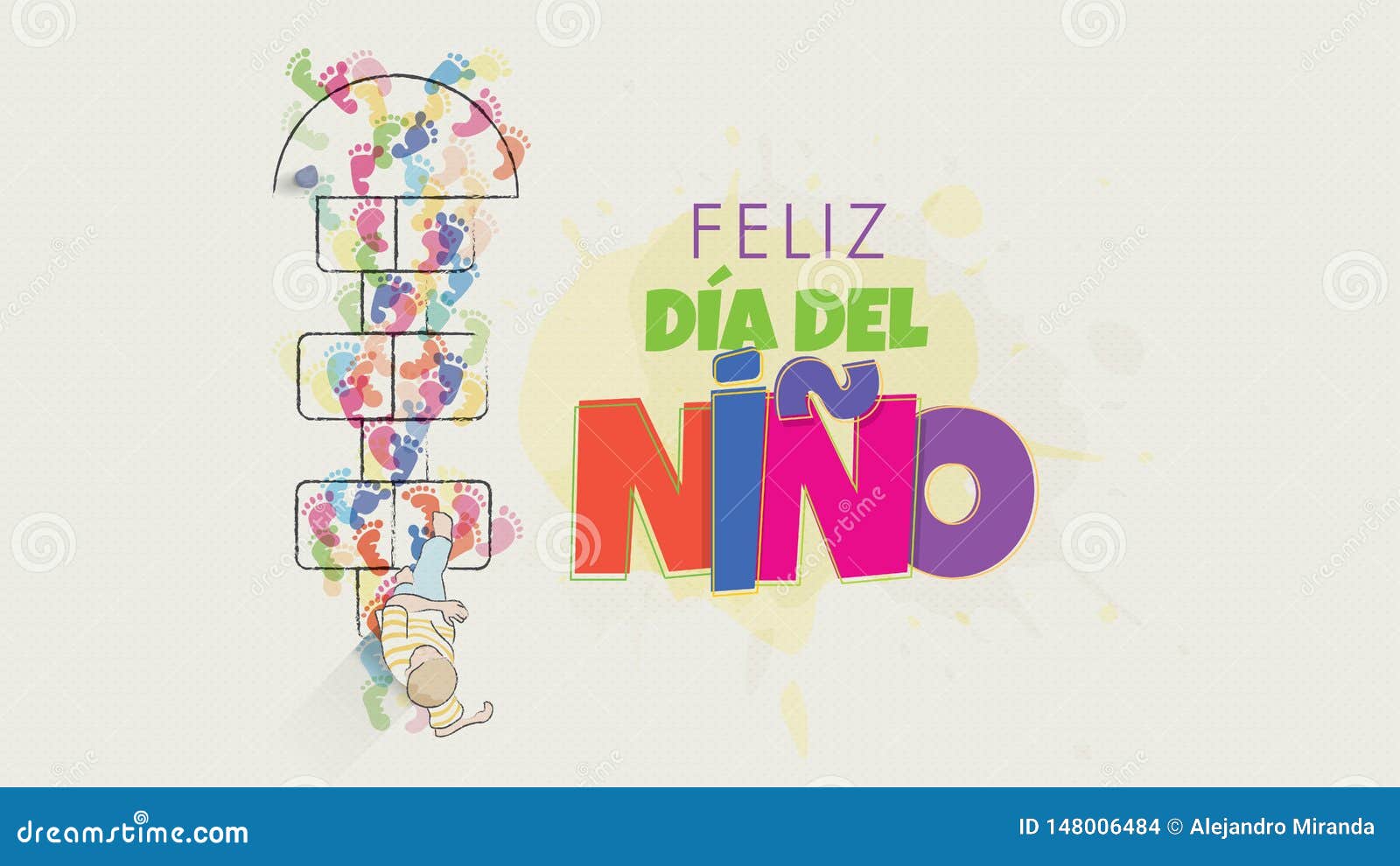 feliz dia del nino greeting card - happy children`s day in spanish language. child`s drawing seen from above starting to jump