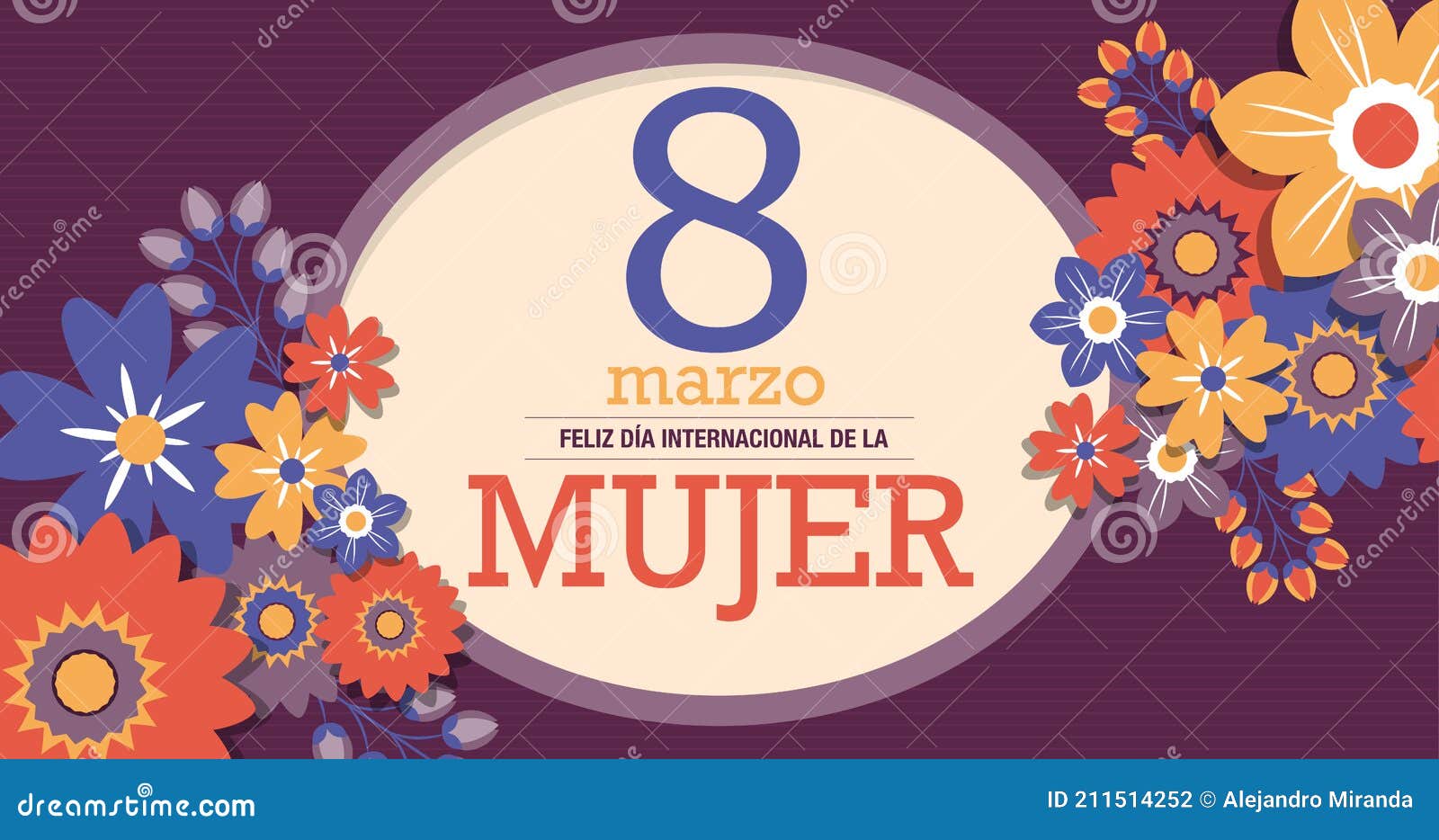 feliz dia international de la mujer - happy international women s day in spanish language. text inside a yellow oval surrounded by