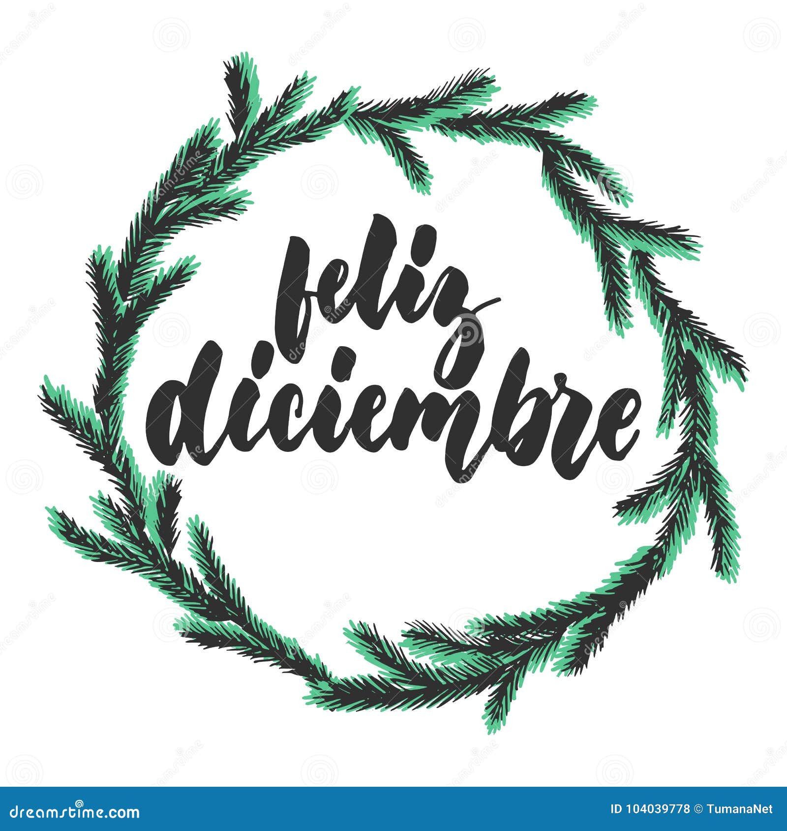 feliz diciembre - happy december in spanish, hand drawn winter latin month lettering quote with seasonal wreath 