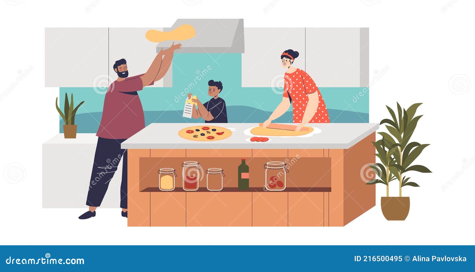 Feliz Familia Cocinando Pizza En Juntos : Mamá Papá E Hijo Preparan Plato  Italiano Para Cena Familiar Ilustración del Vector - Ilustración de cocina,  lifestyle: 216500495
