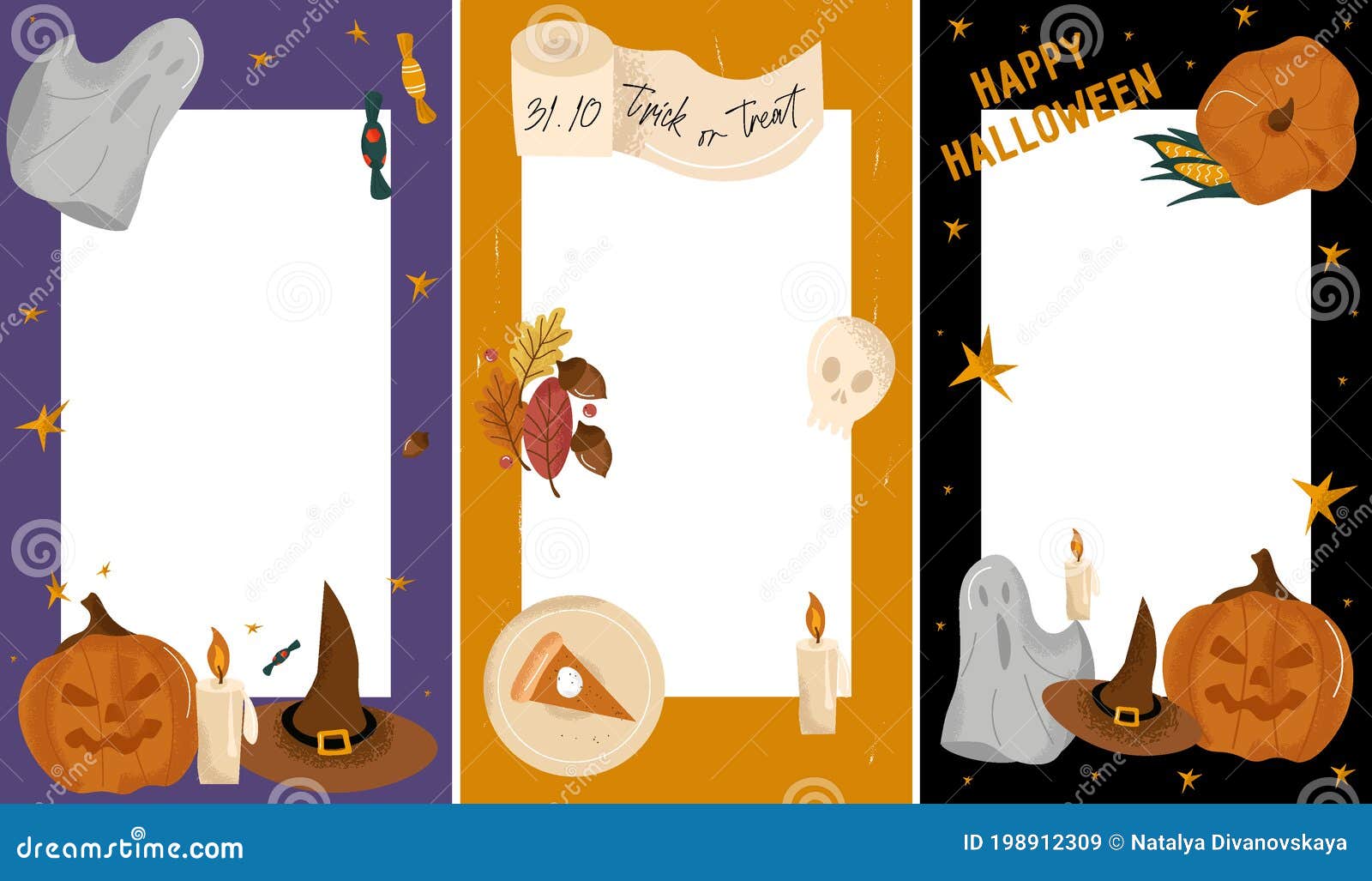 Feliz Halloween. Diseños De Portadas Lindas En Estilo De Caricatura Para  Aplicaciones De Cuentos Folletos. Conjunto Plano Vectoria Ilustración del  Vector - Ilustración de medio, historia: 198912309