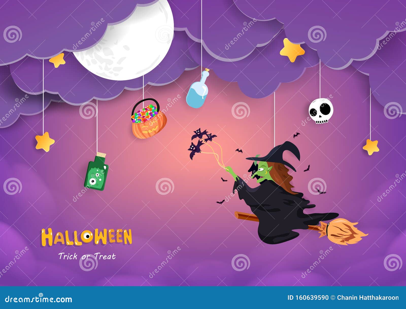 Feliz Halloween, La Bruja EstÃ¡ El Cielo Nublado, Linda Tarjeta De Saludo, Estilo De Corte De Papel Colgante, Fondo Vectorial D Ilustración del Vector - Ilustración de estilo, capa: 160639590
