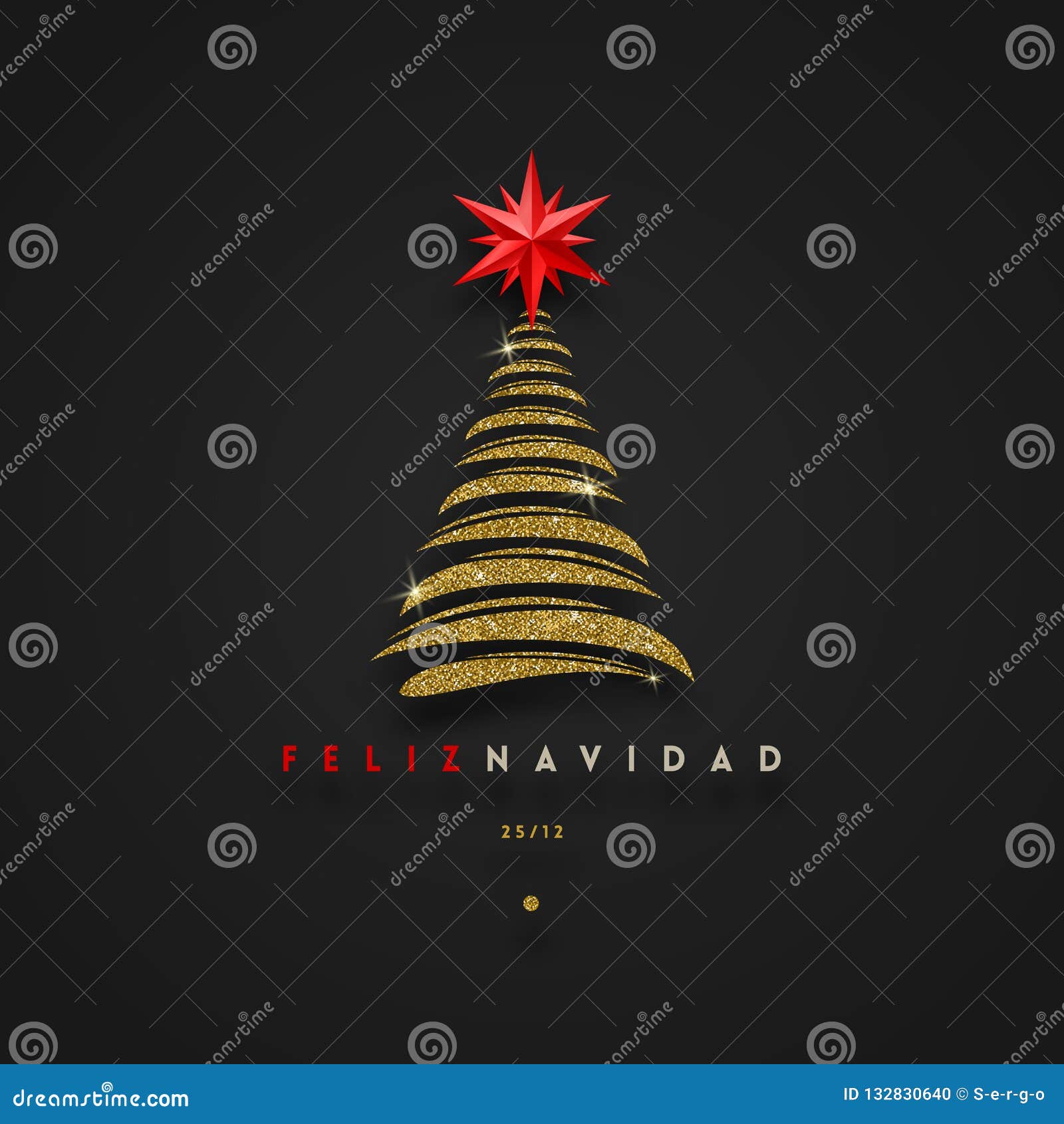 feliz navidad - christmas greetings in spanish - abstract glitter gold christmas tree with red star.
