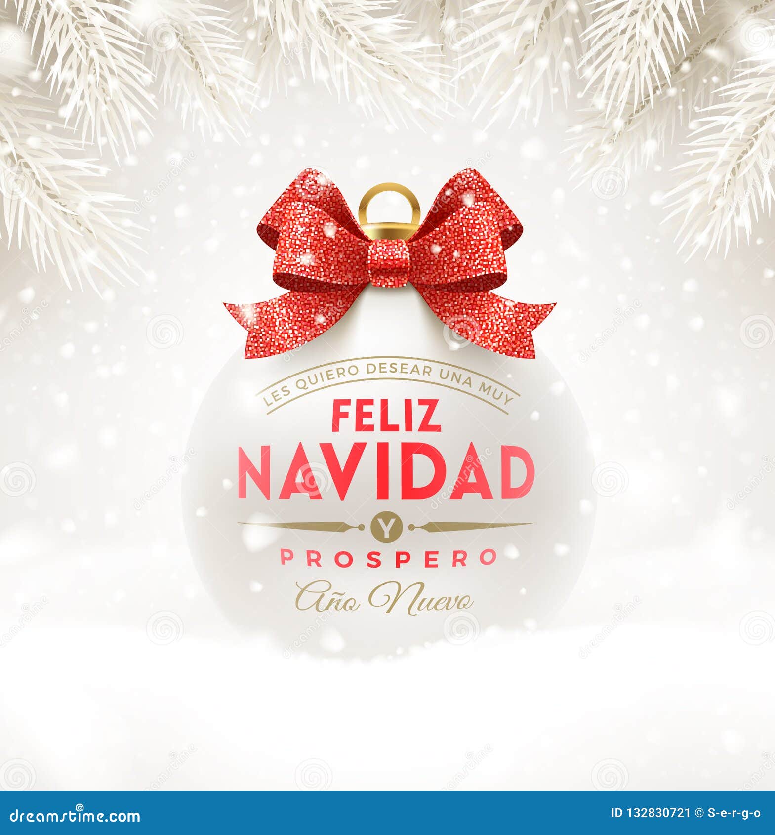 feliz navidad - christmas greetings in spanish. christmas white bauble with glitter red bow ribbon and type .