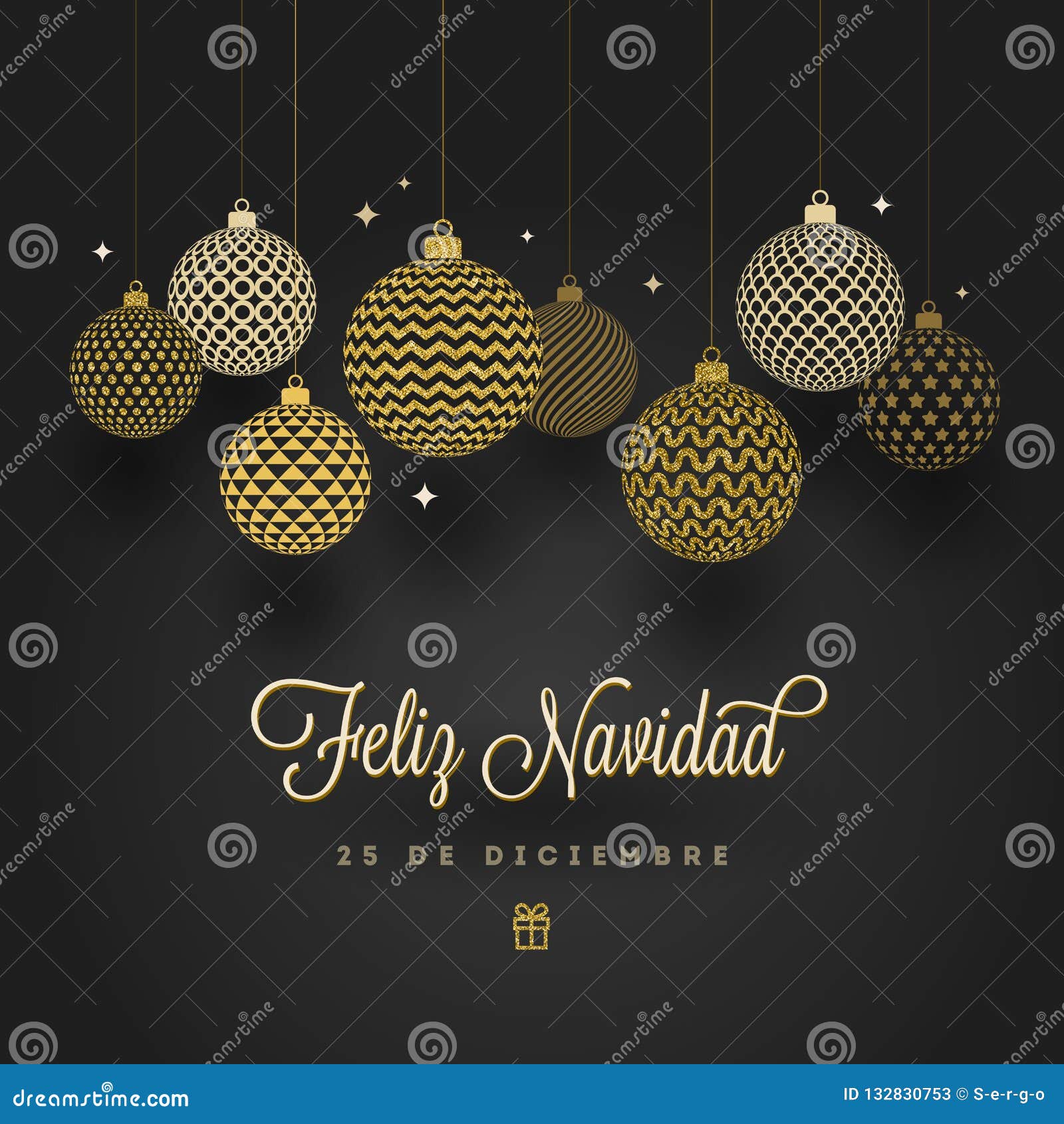 feliz navidad - christmas greetings in spanish. patterned golden baubles on a black background.