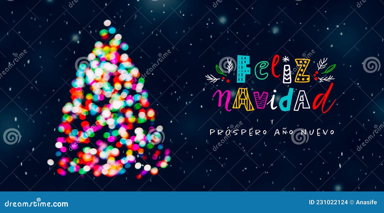 feliz navidad greeting card with an abstract tree full of colorful christmas lights