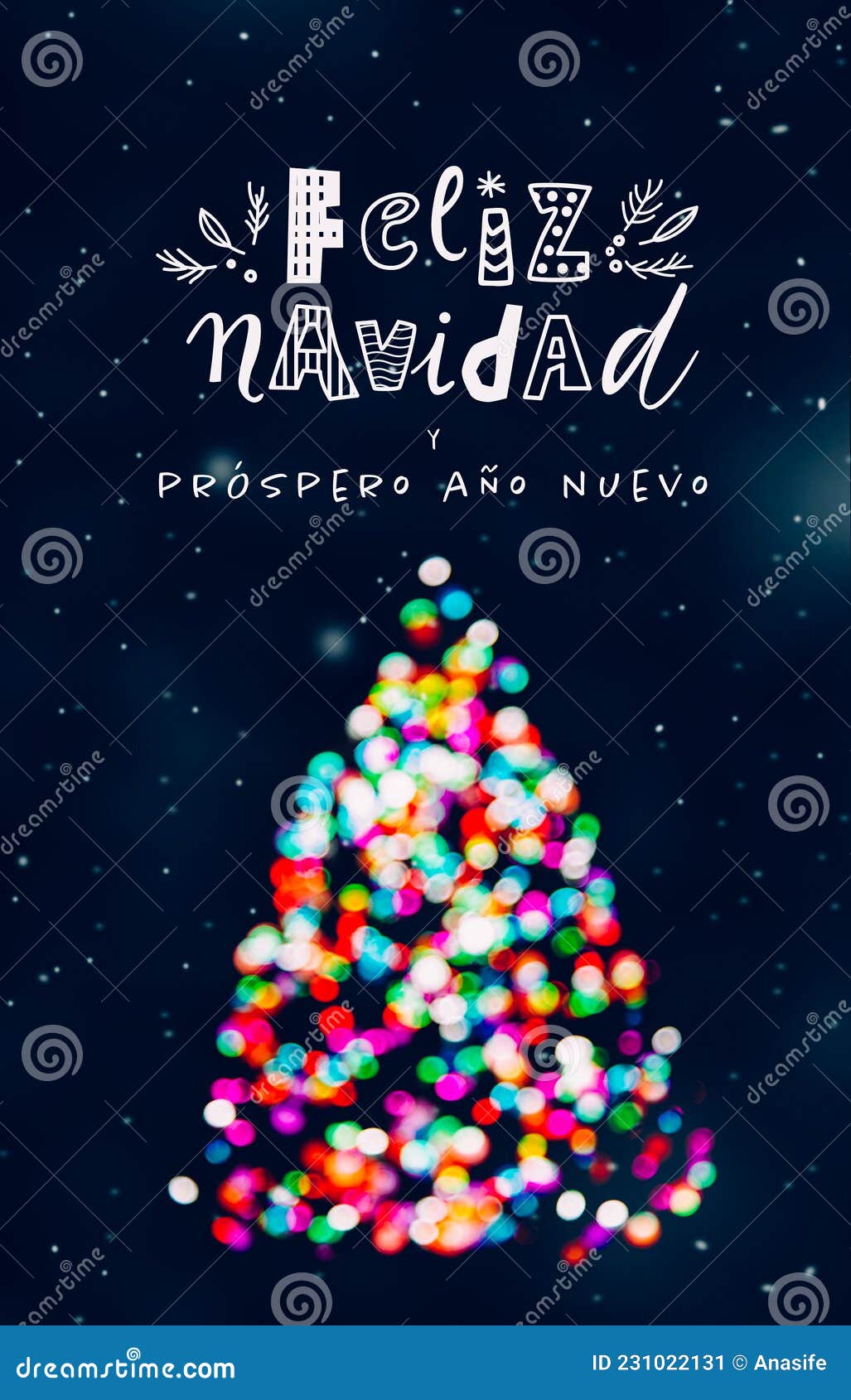 feliz navidad greeting card with an abstract tree made of colorful christmas lights