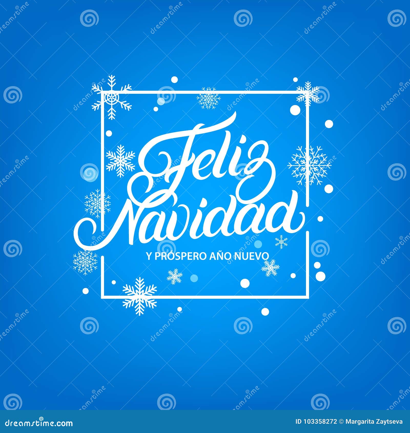 feliz navidad hand written lettering. frame with falling snow and snowflakes.
