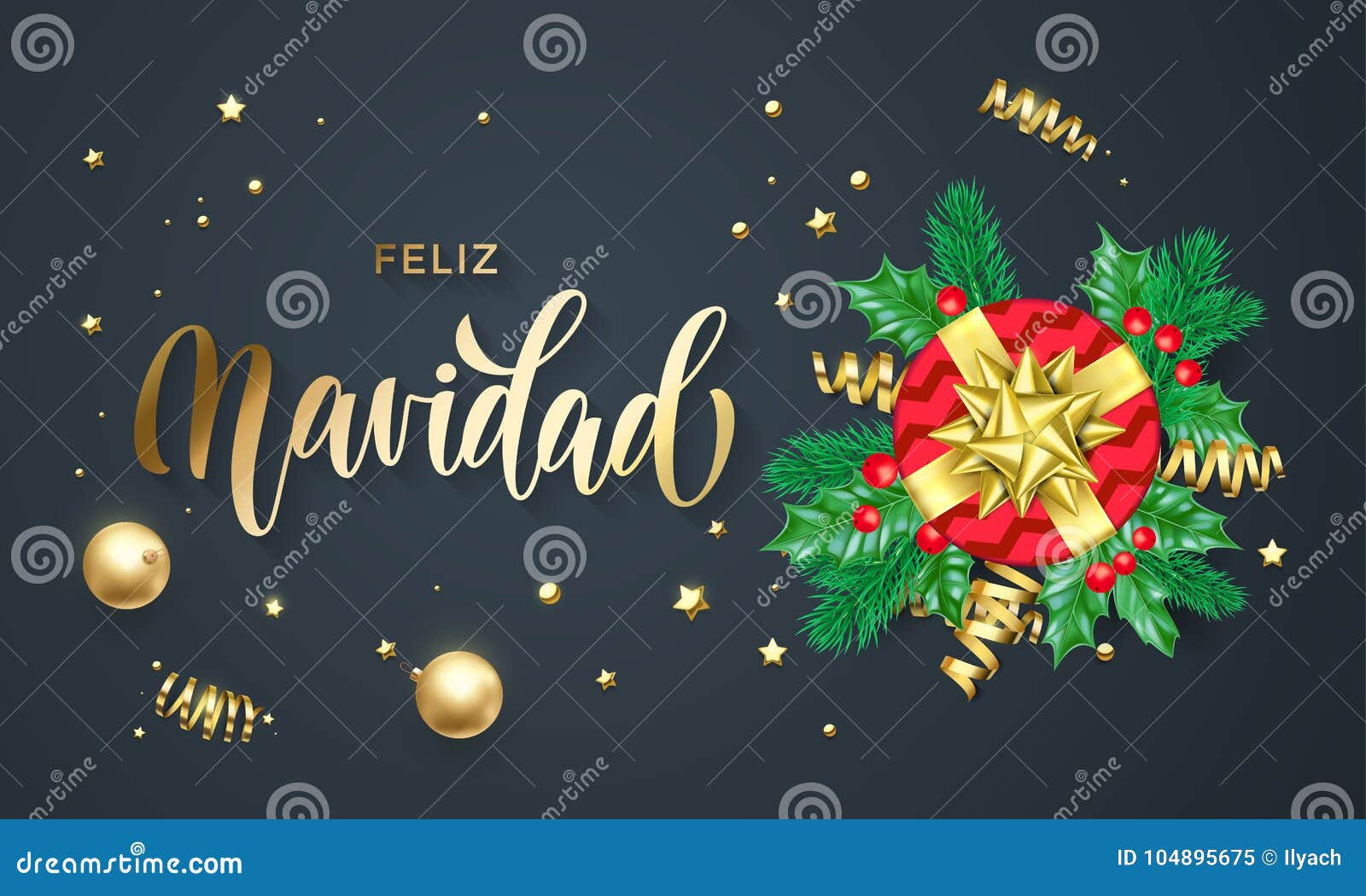 feliz navidad spanish merry christmas holiday golden calligraphy and gold decoration greeting card template.  christmas tree