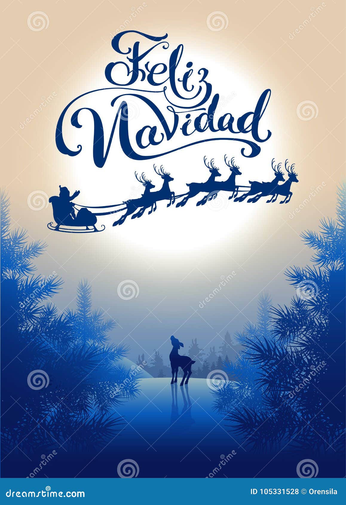 feliz navidad translation from spanish merry christmas. lettering calligraphy text for greeting card. silhouette santa sleigh of r