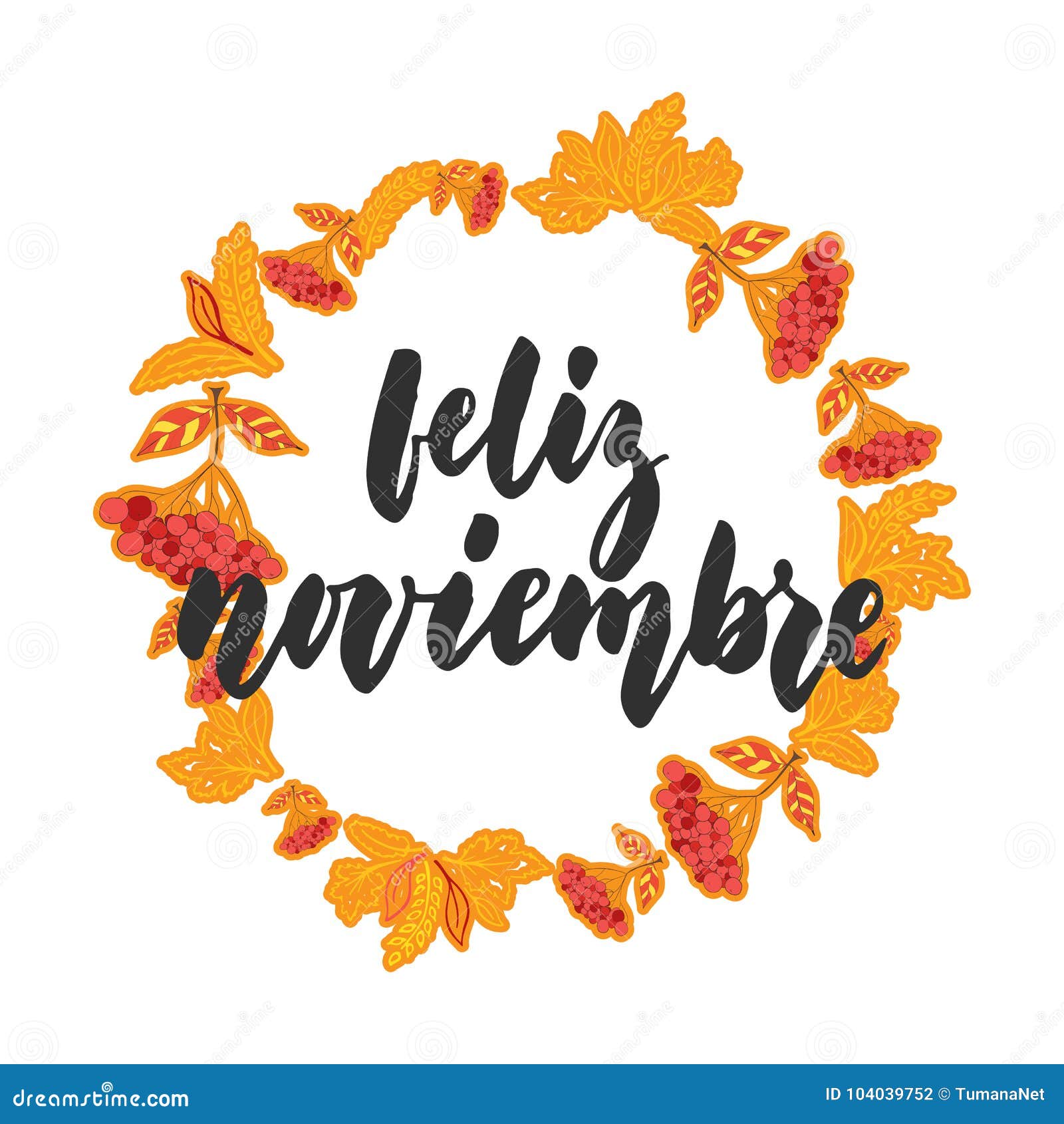 feliz noviembre - happy november in spanish, hand drawn latin autumn month
