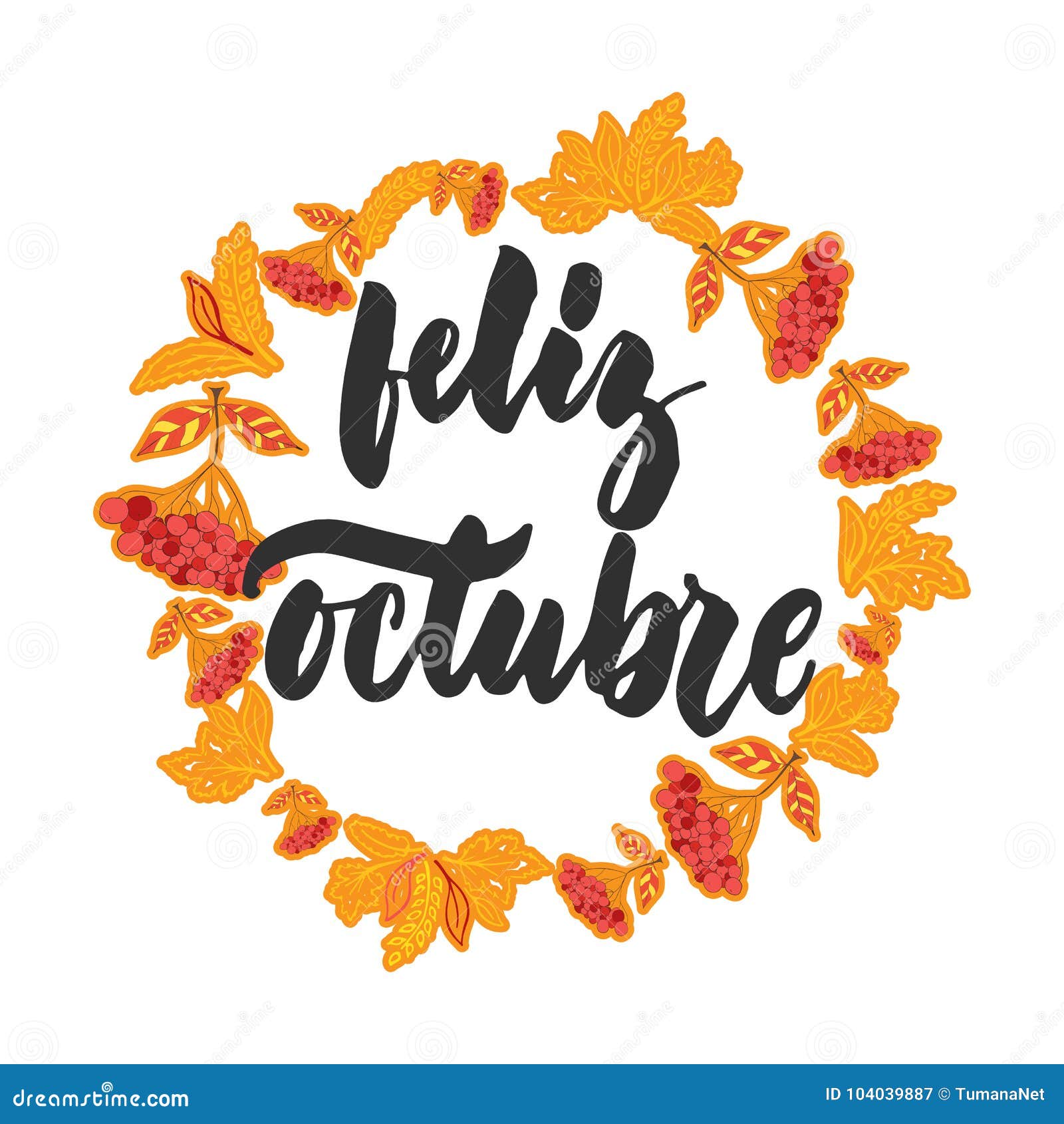 feliz octubre - happy october in spanish, hand drawn latin autumn month lettering quote with seasonal wreath 