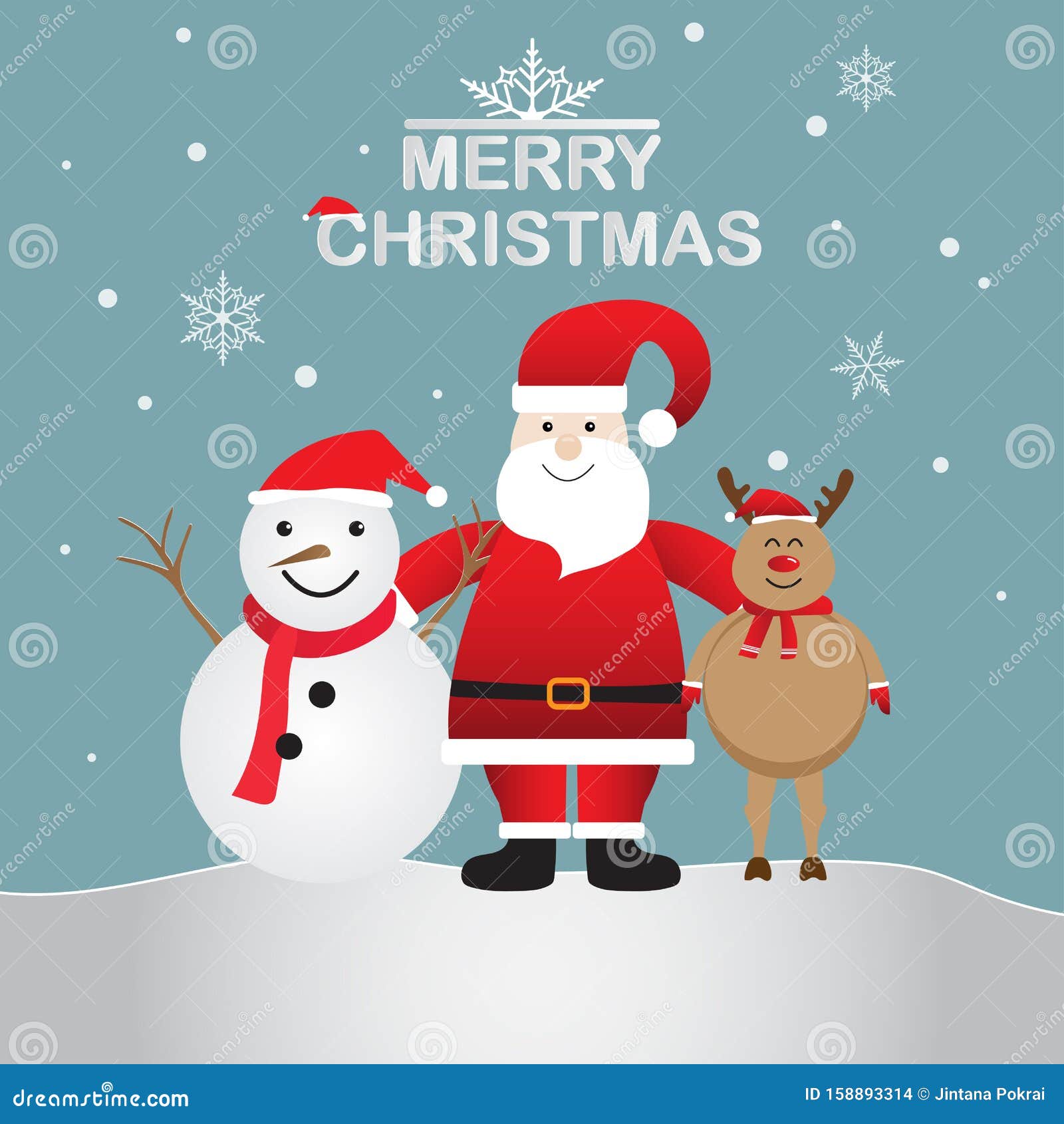 Feliz Papá Noel Con Muñeco De Nieve Y Renos En Invierno, Feliz Navidad. Ilustración Del Vector Stock de ilustración - Ilustración de vector, ilustración: 158893314