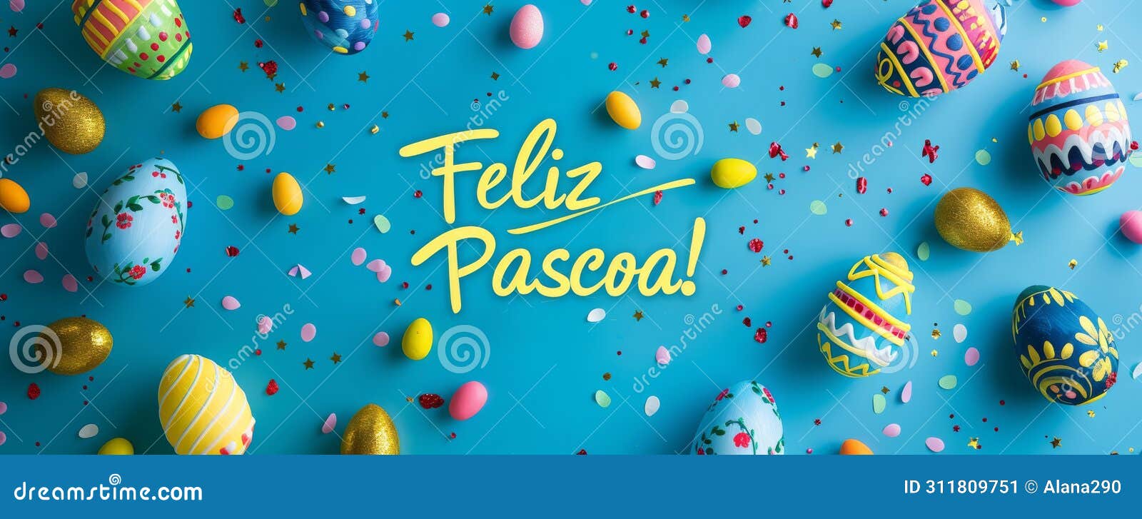 feliz pascoa - happy easter in portuguese. abstract background with painted easter eggs. easter concept background