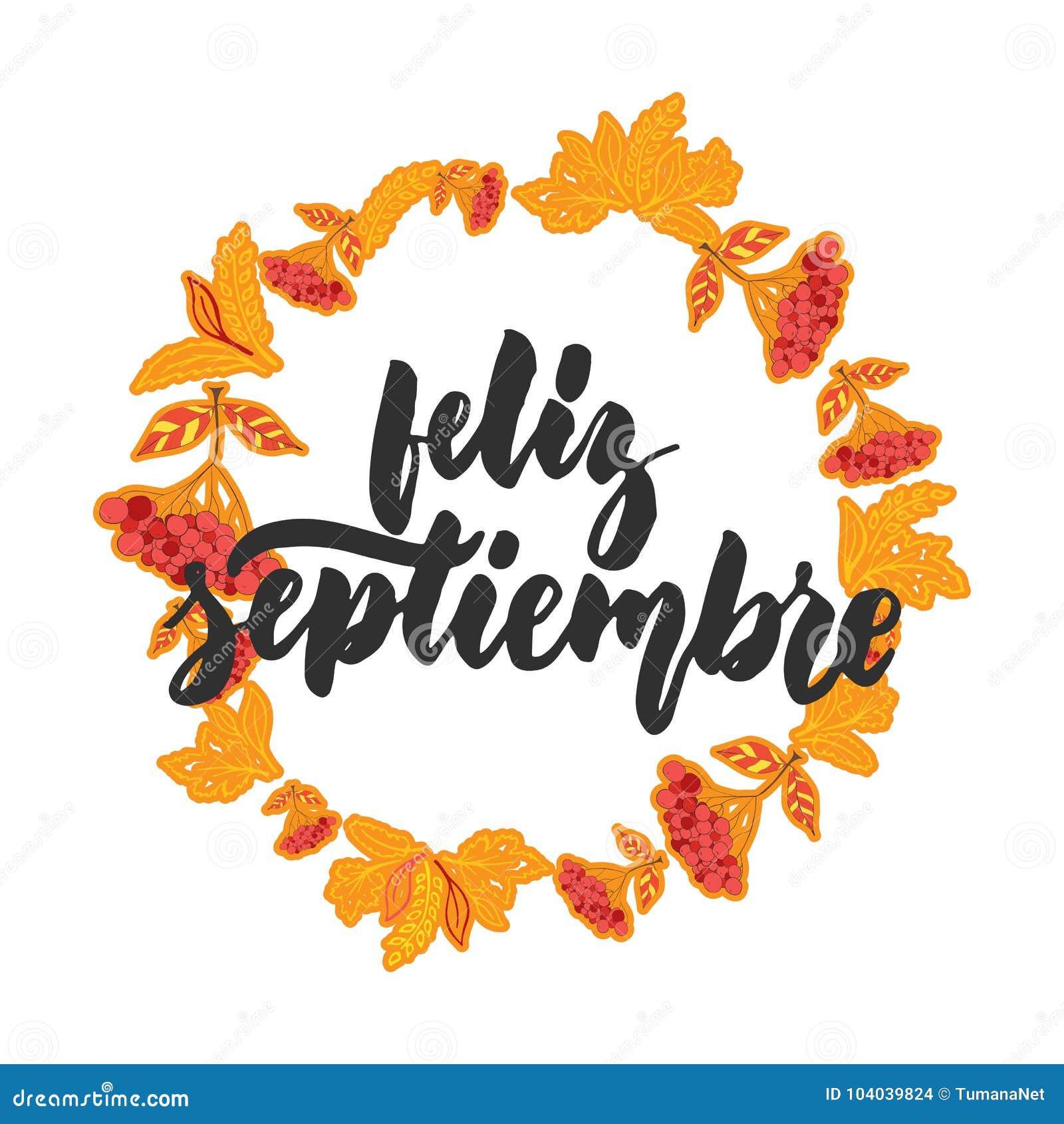 feliz septiembre - happy september in spanish, hand drawn latin autumn month lettering quote with seasonal wreath